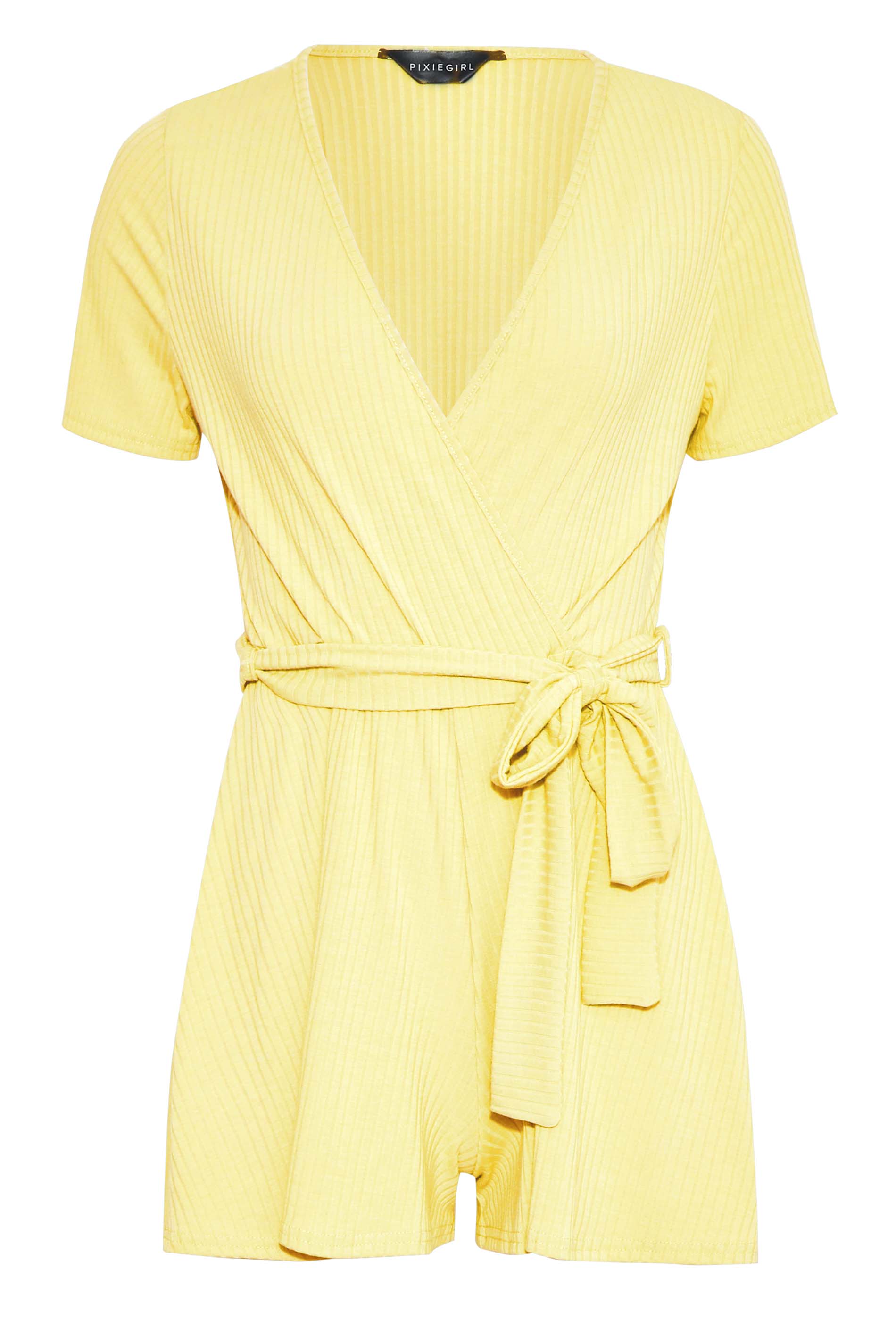 Petite Yellow Ribbed Wrap Playsuit | PixieGirl 6