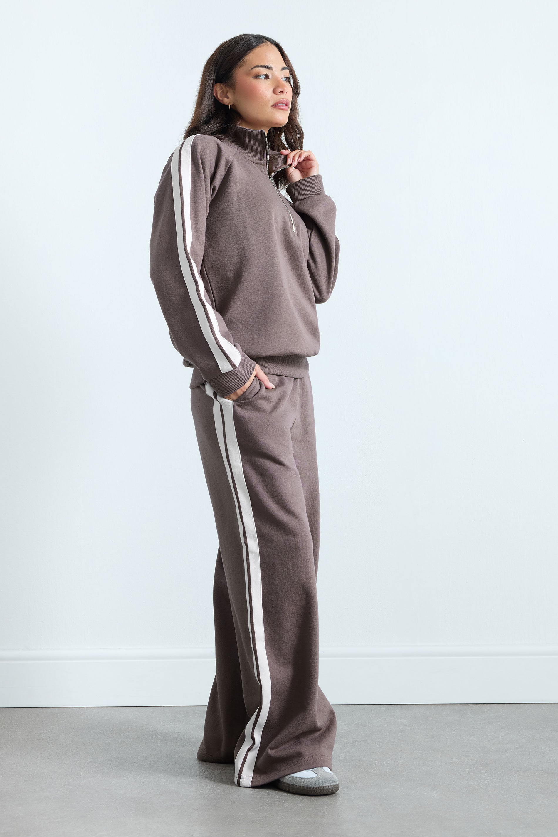 PixieGirl Petite Women's Plum Purple Side Stripe Wide Leg Joggers | PixieGirl 3