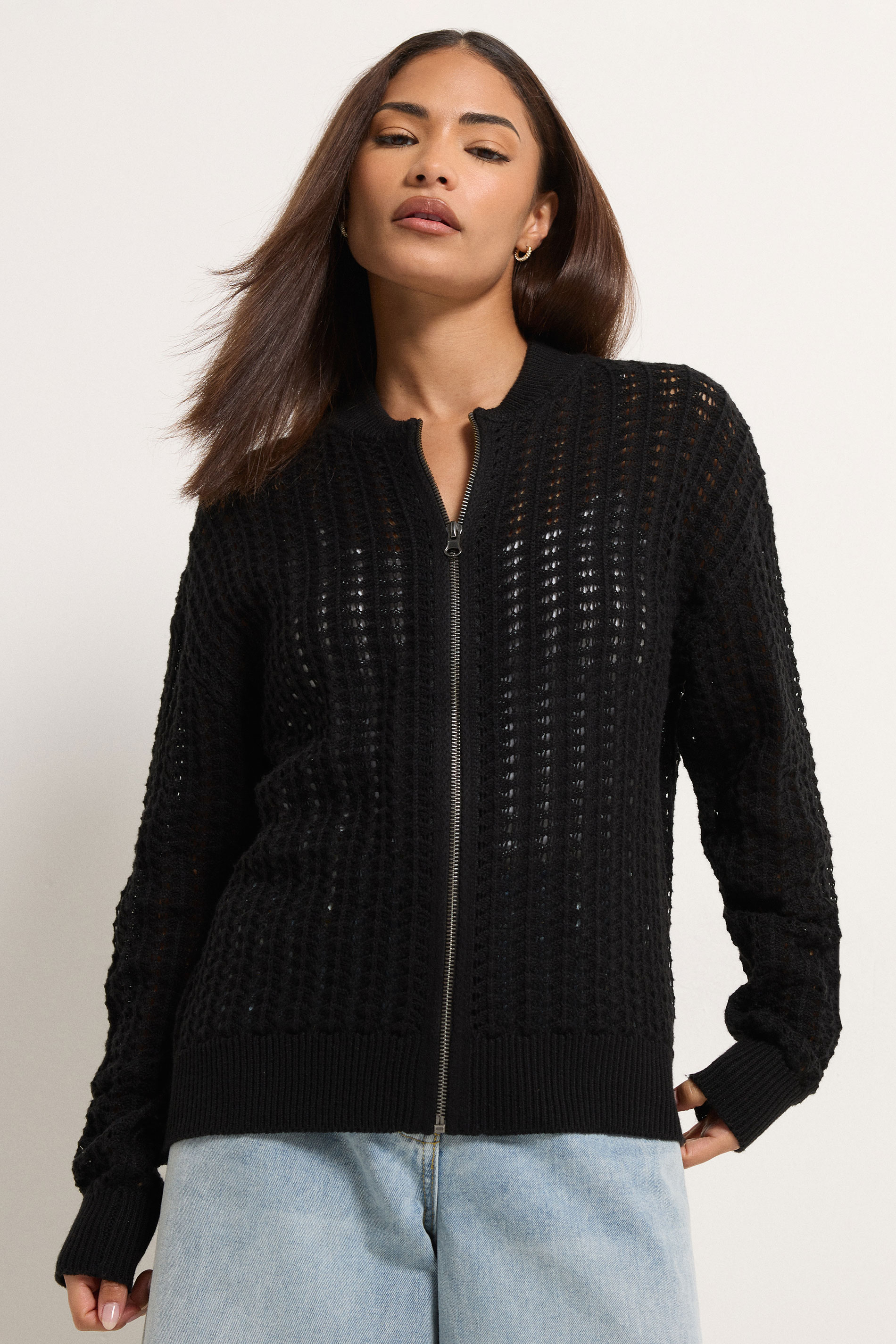 Pixiegirl Women's Black Petite Crochet Bomber Cardigan Size 6-8