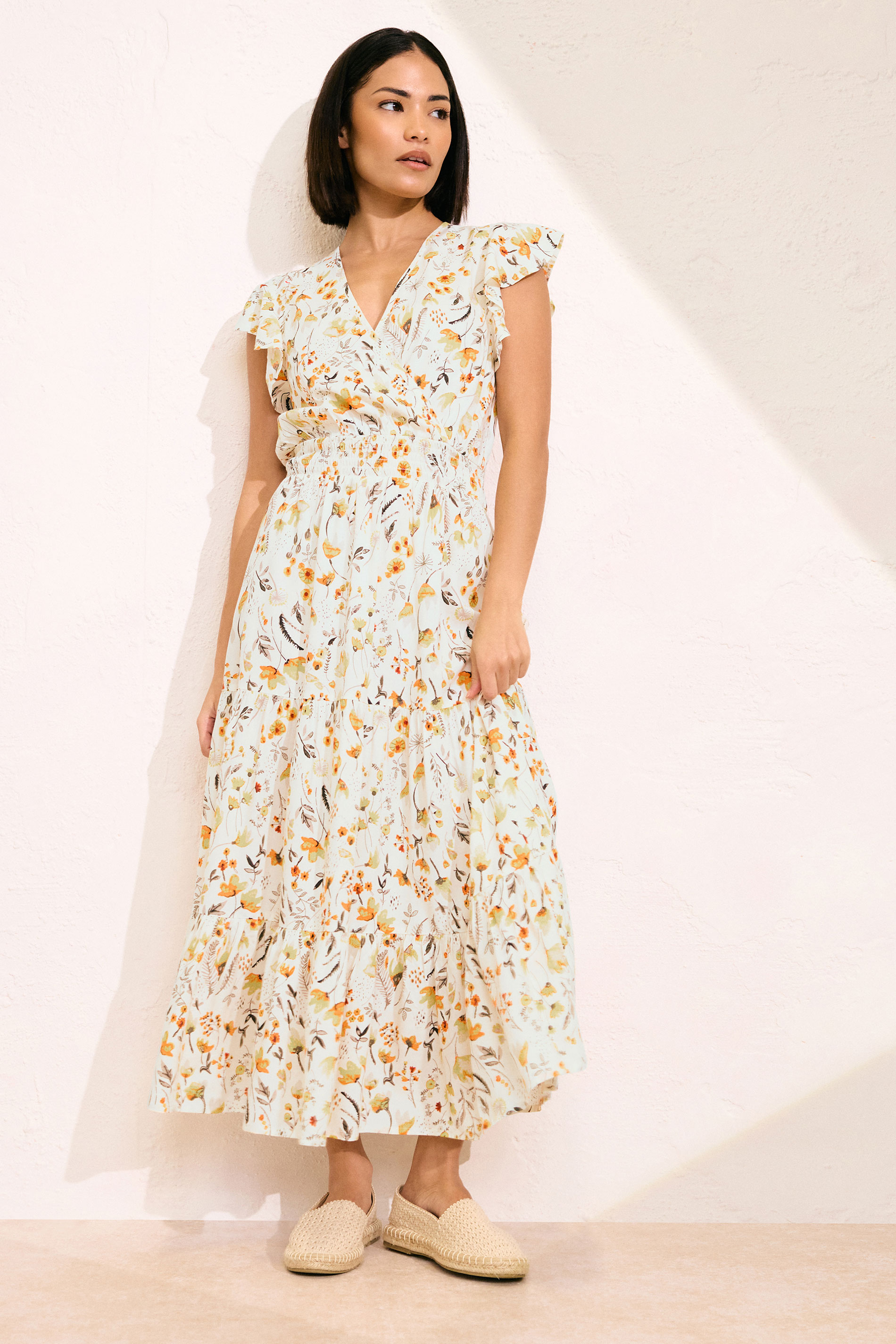 PixieGirl Petite Women's Cream Floral Print Flutter Midaxi Dress | PixieGirl 1