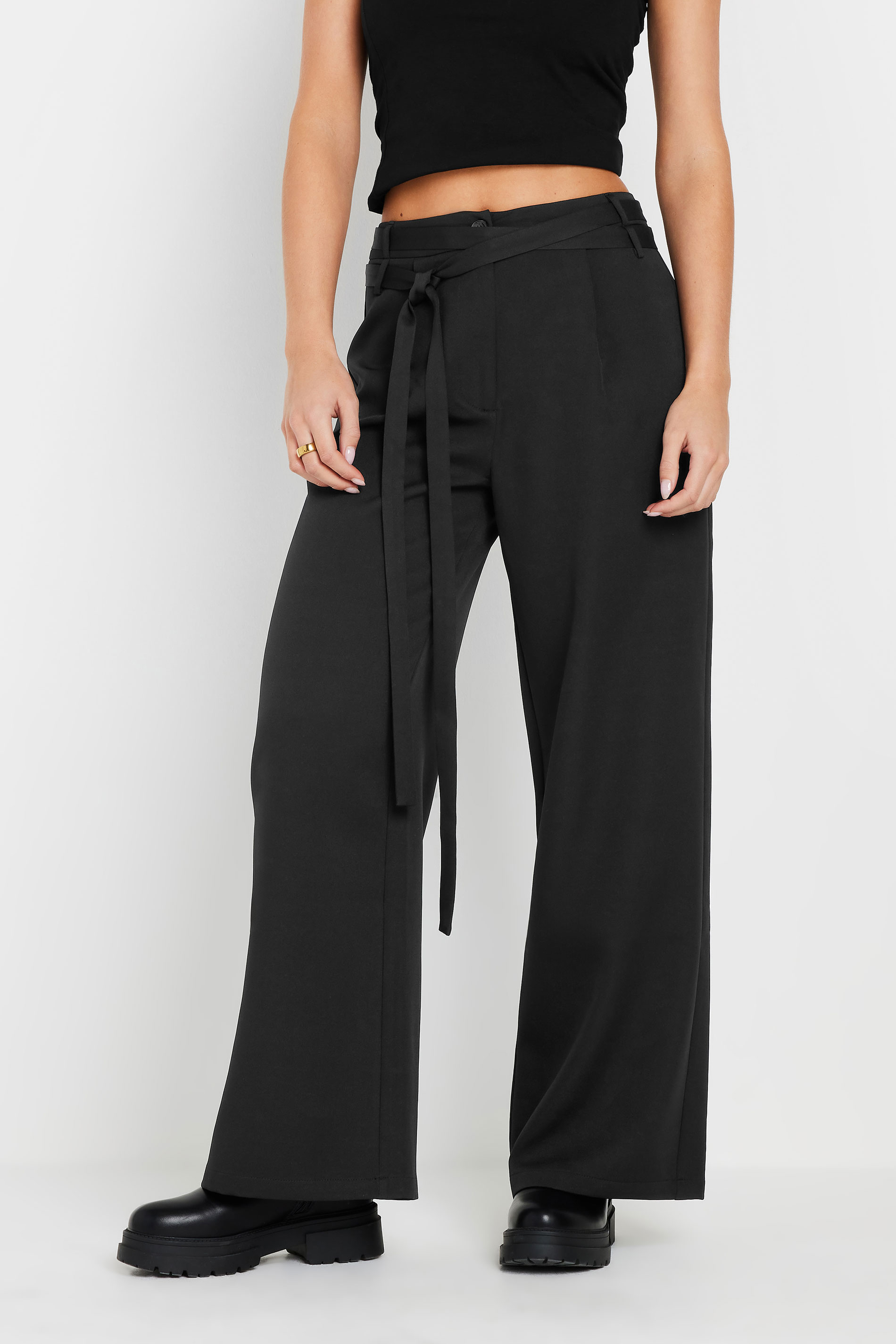 PixieGirl Petite Women's Black Wrap Belt Wide Leg Trousers | PixieGirl 2