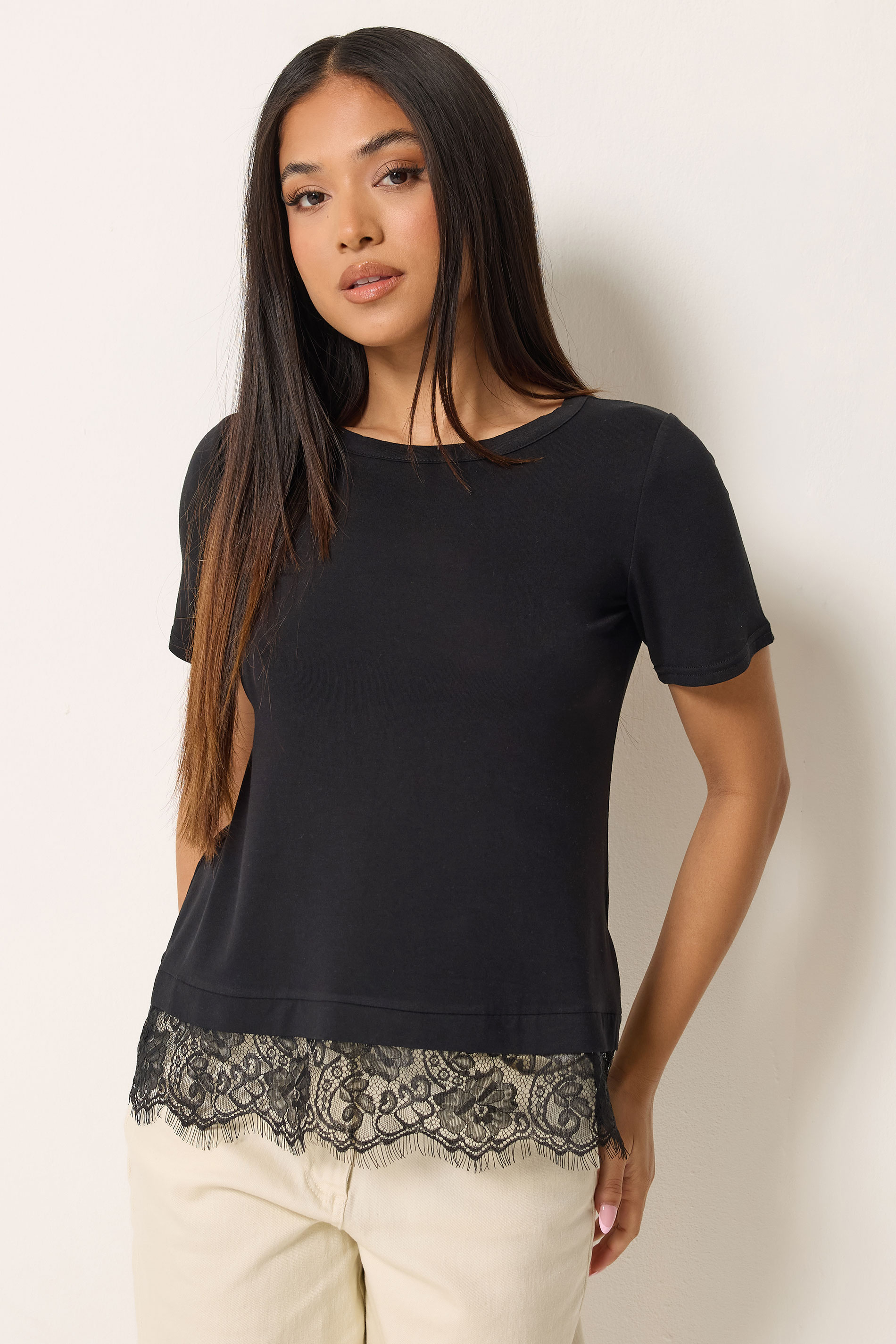M&Co Petite Black Lace Hem T-Shirt | M&Co 3