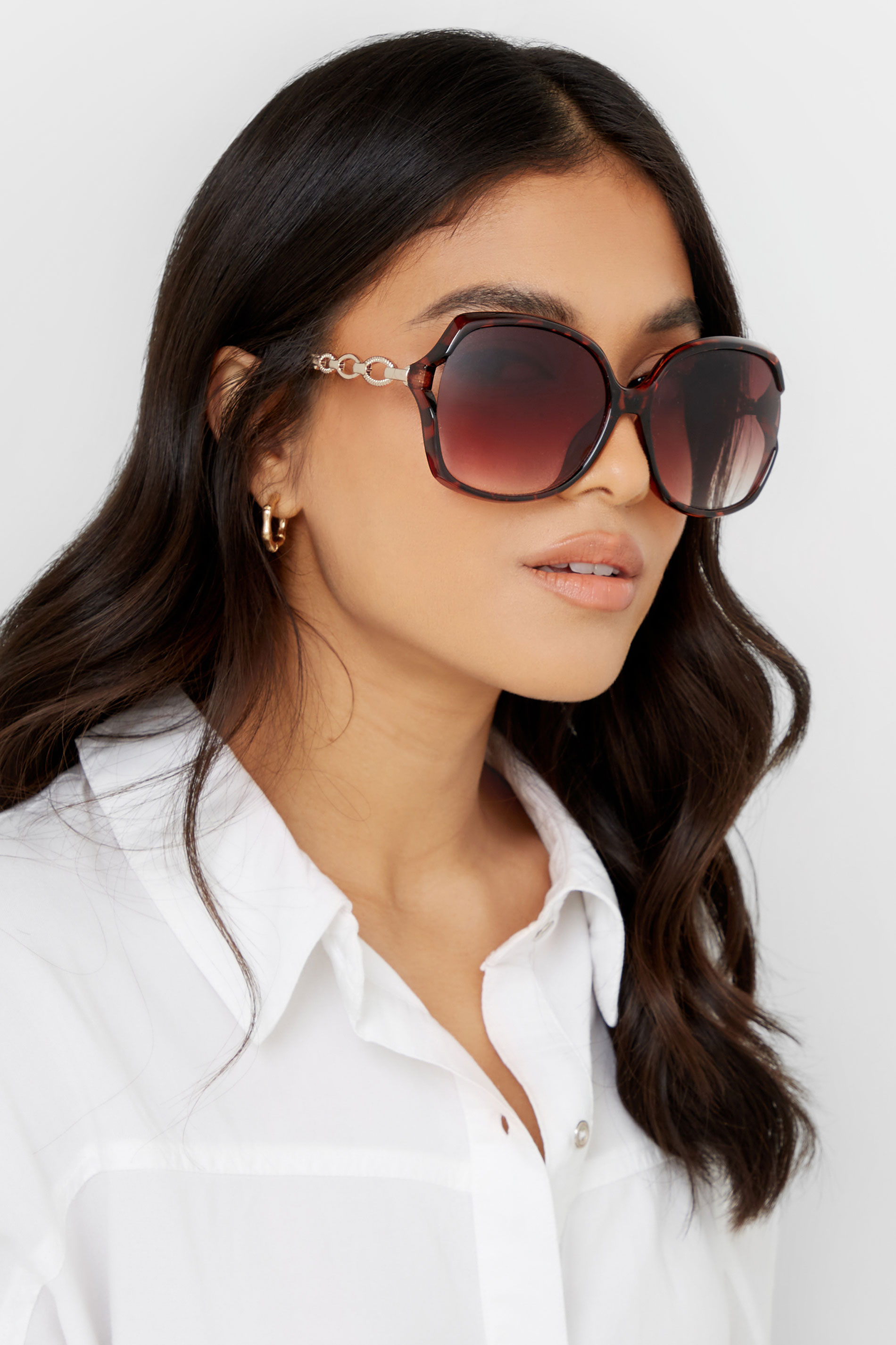 Brown Tortoiseshell Chain Oversized Sunglasses | Yours Clothing 1