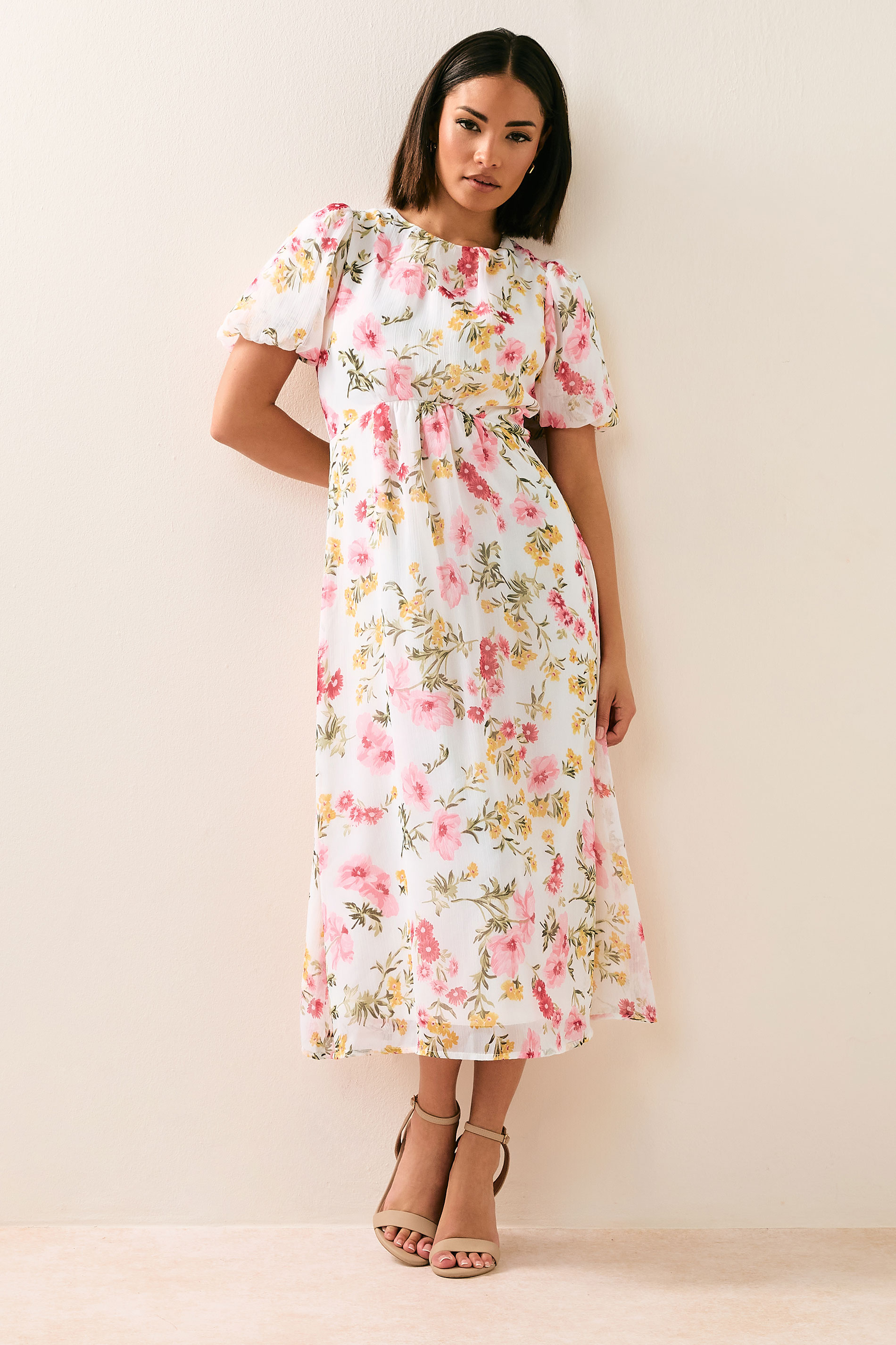 PixieGirl Petite Women's Pink Chiffon Floral Tie Back Midi Dress | PixieGirl 1