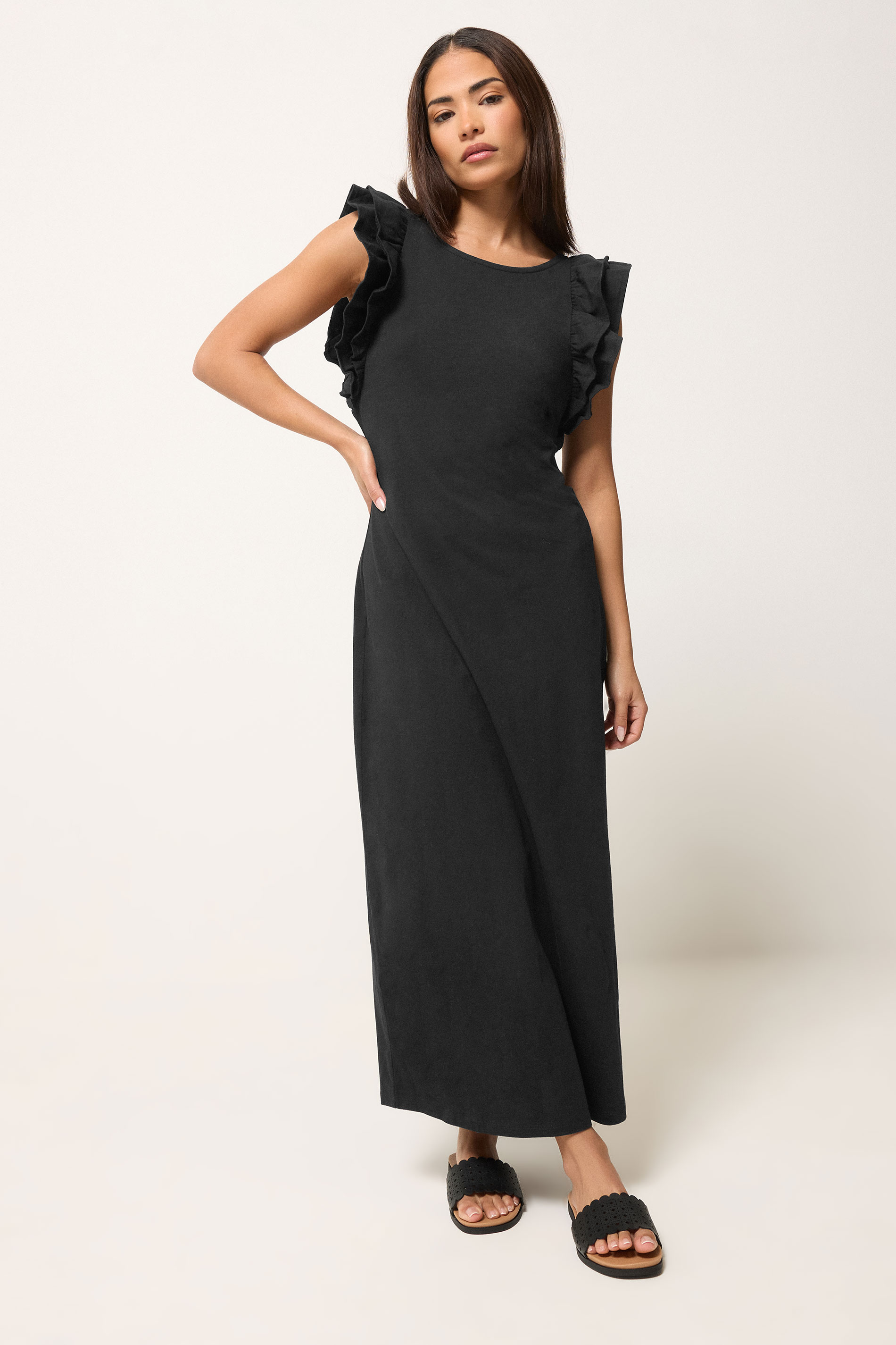PixieGirl Petite Women's Black Frill Sleeve Cotton Maxi Dress