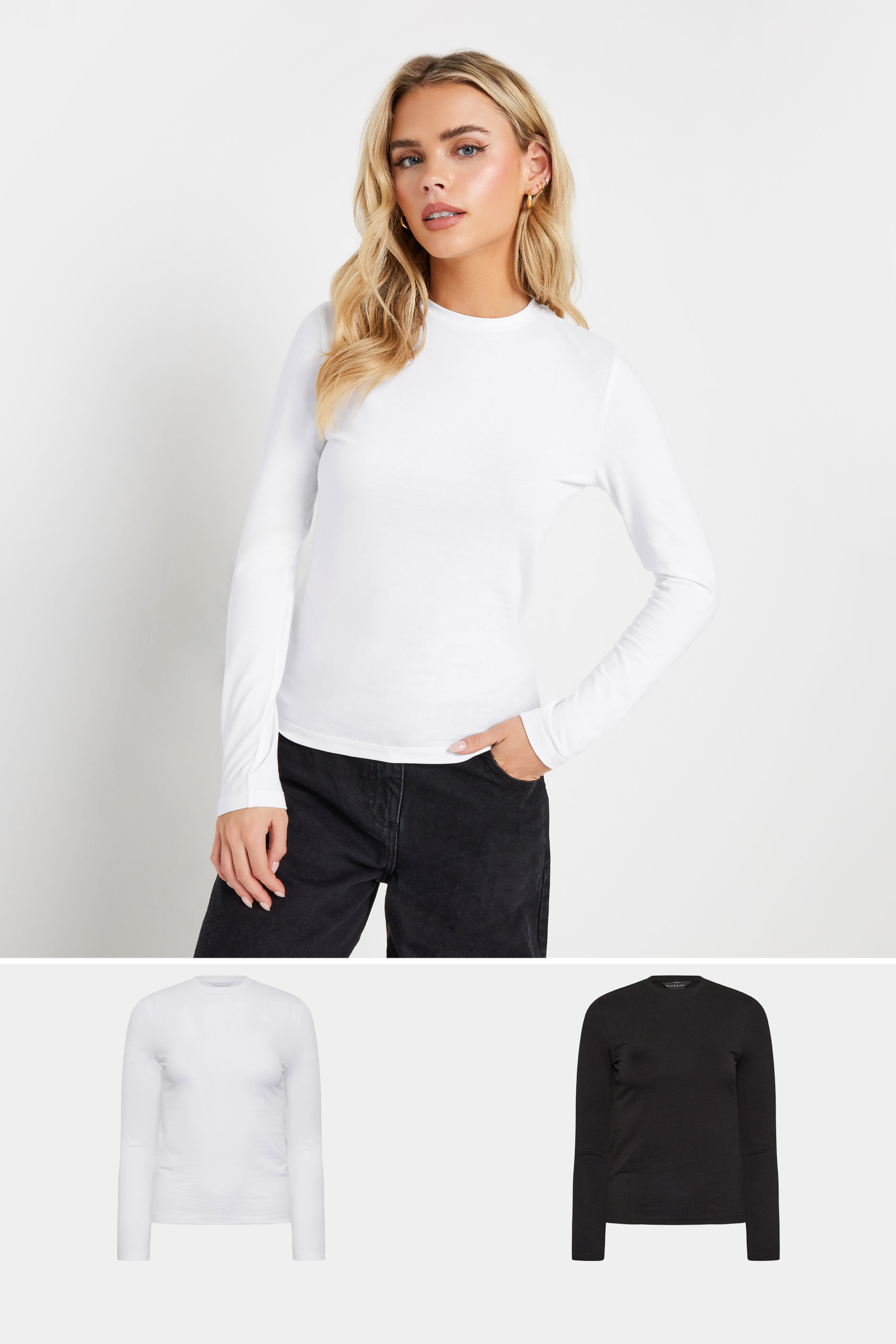 PixieGirl Petite Women's 2 PACK Black & White Fitted Long Sleeve Tops | PixieGirl 1
