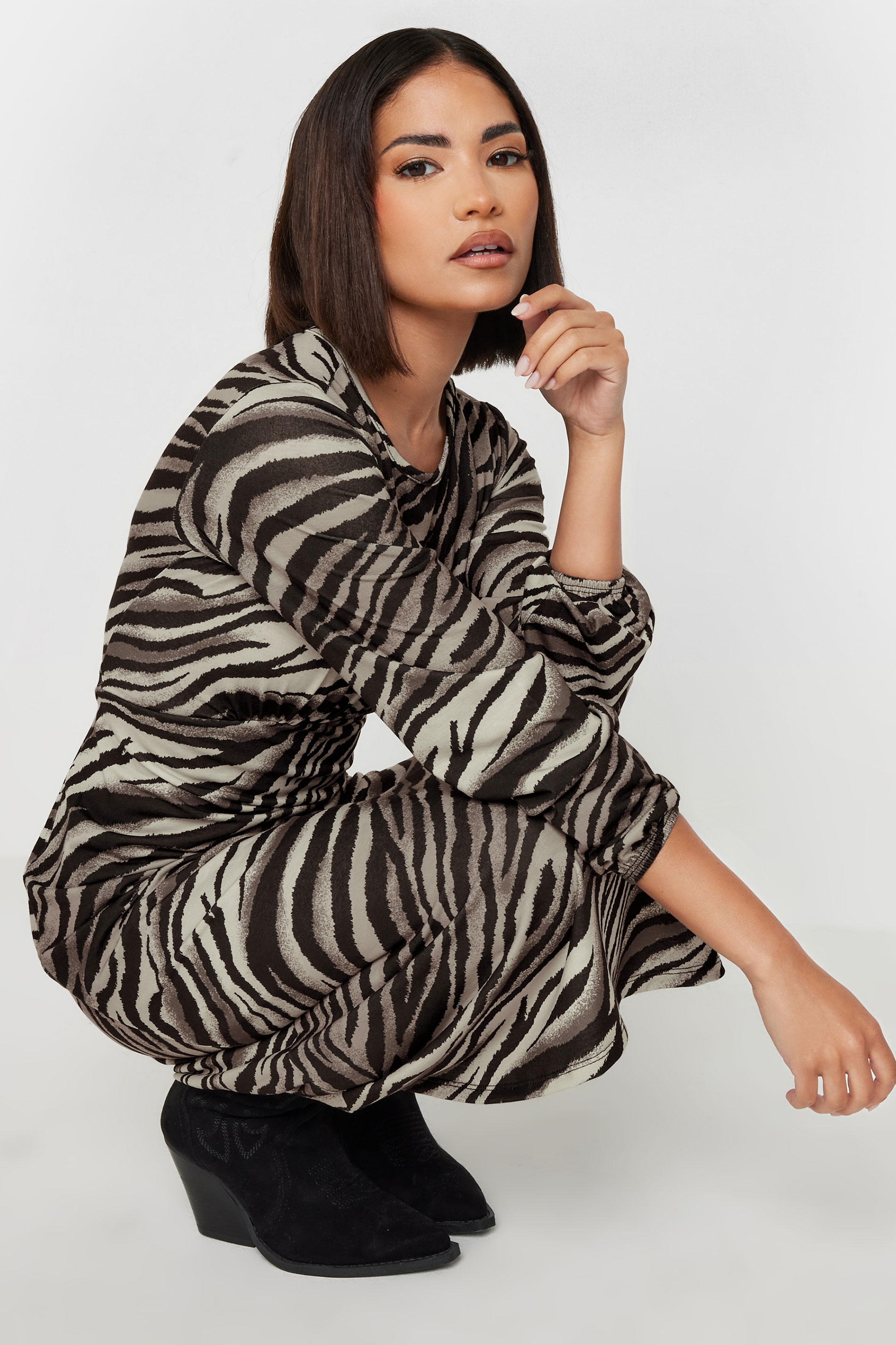 PixieGirl Petite Women's Brown Zebra Print Long Sleeve Midi Dress | PixieGirl 2