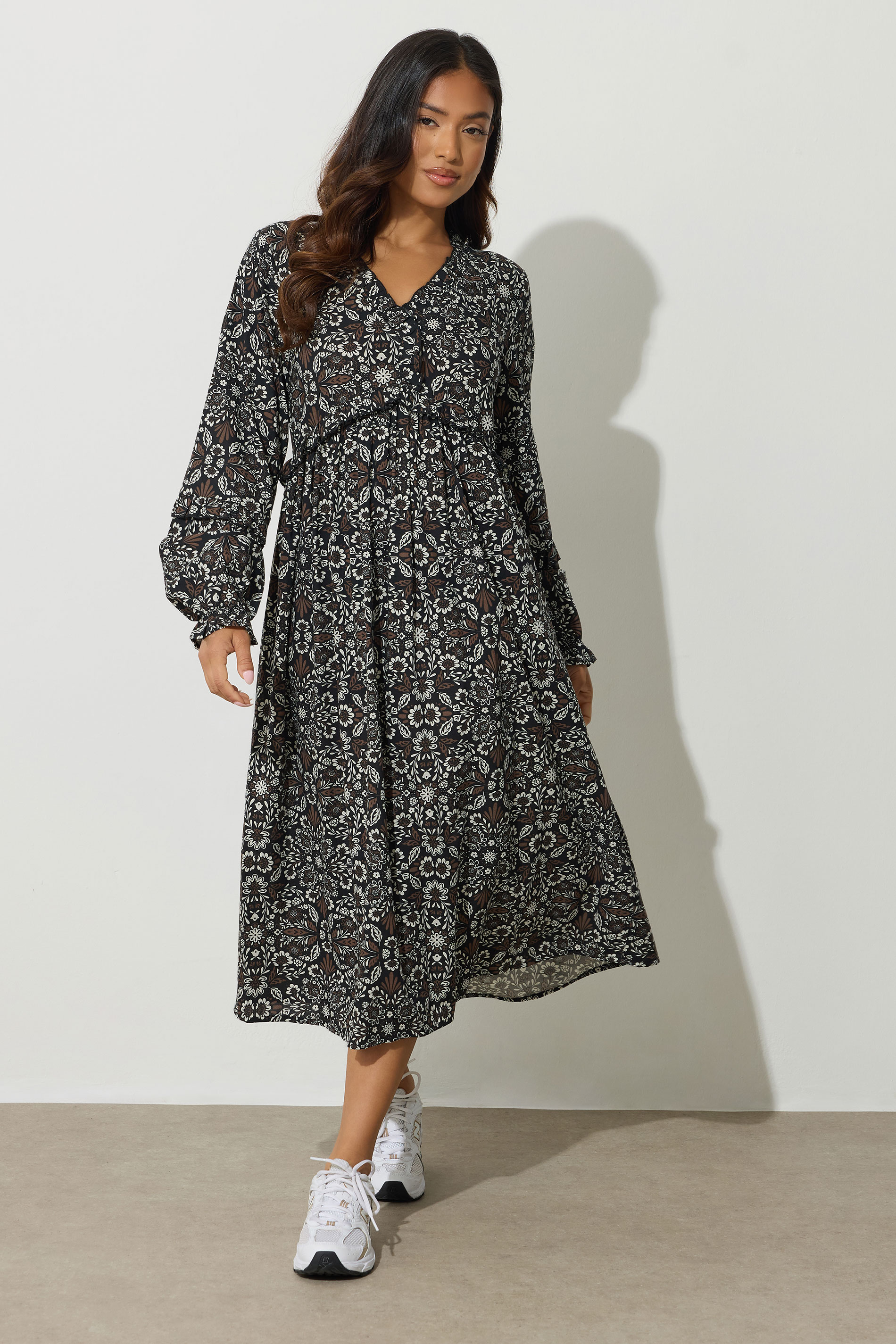 PixieGirl Petite Women's Black & Brown Floral Midaxi Dress | PixieGirl 1