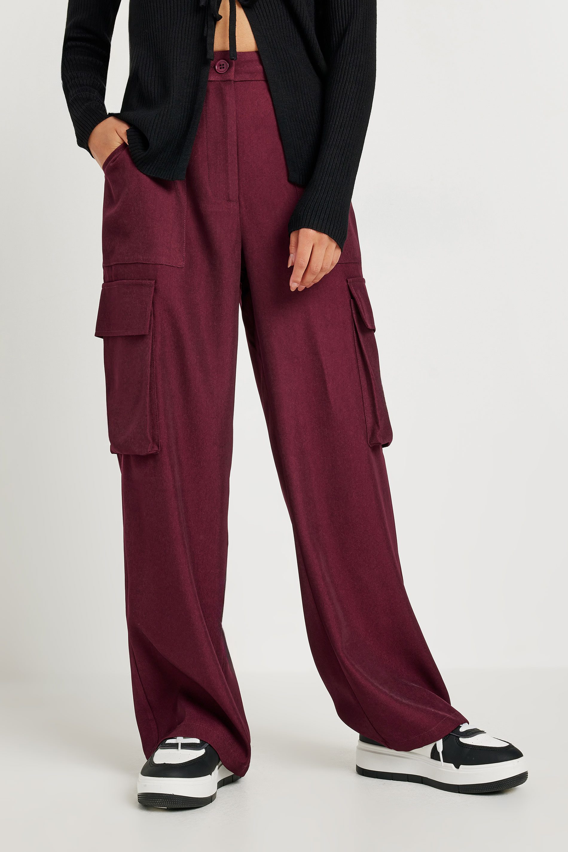 PixieGirl Petite Women's Burgundy Red Utility Style Wide Leg Trousers | PixieGirl 3