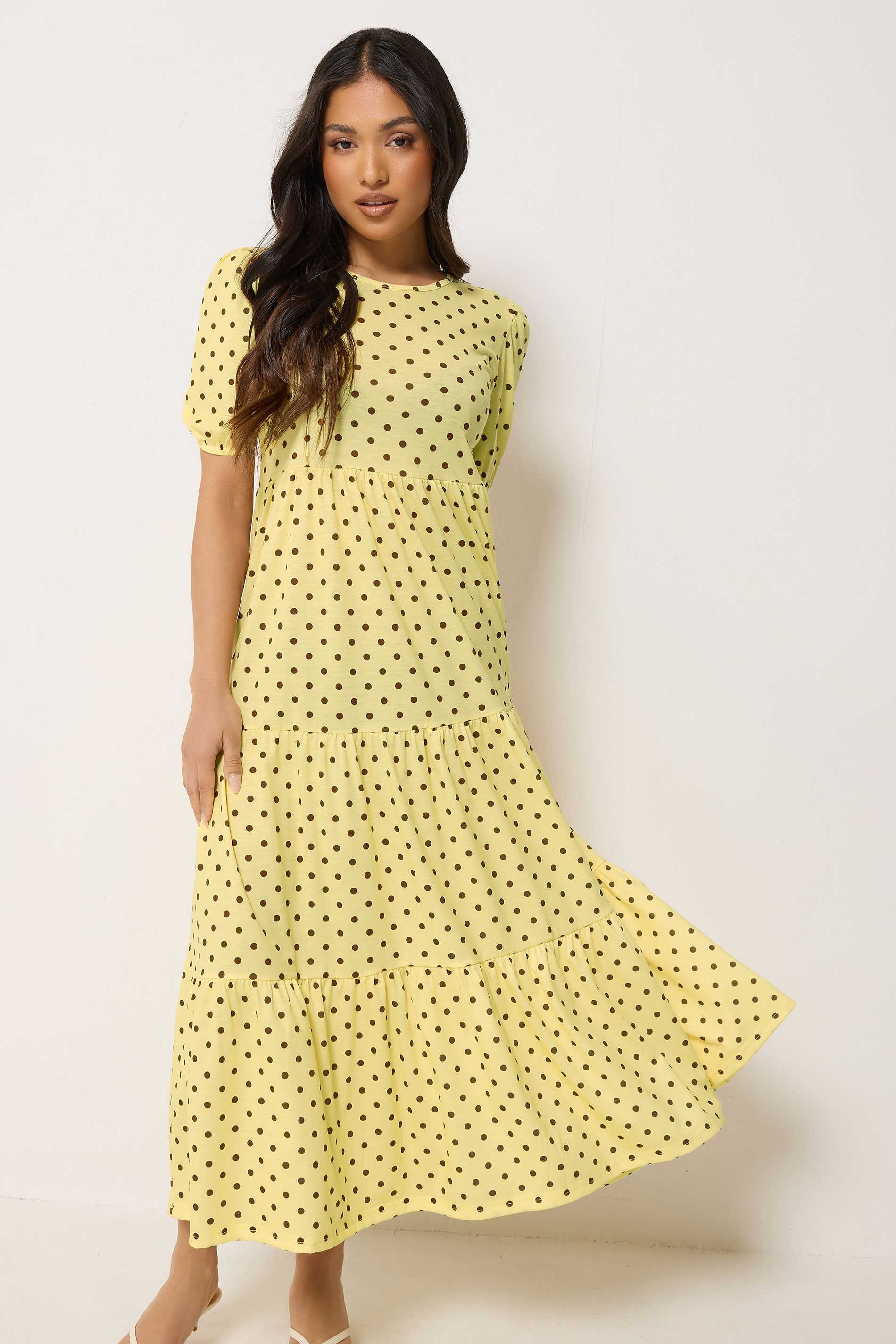PixieGirl Petite Women's Yellow Polka Dot Tiered Maxi Dress | PixieGirl 3