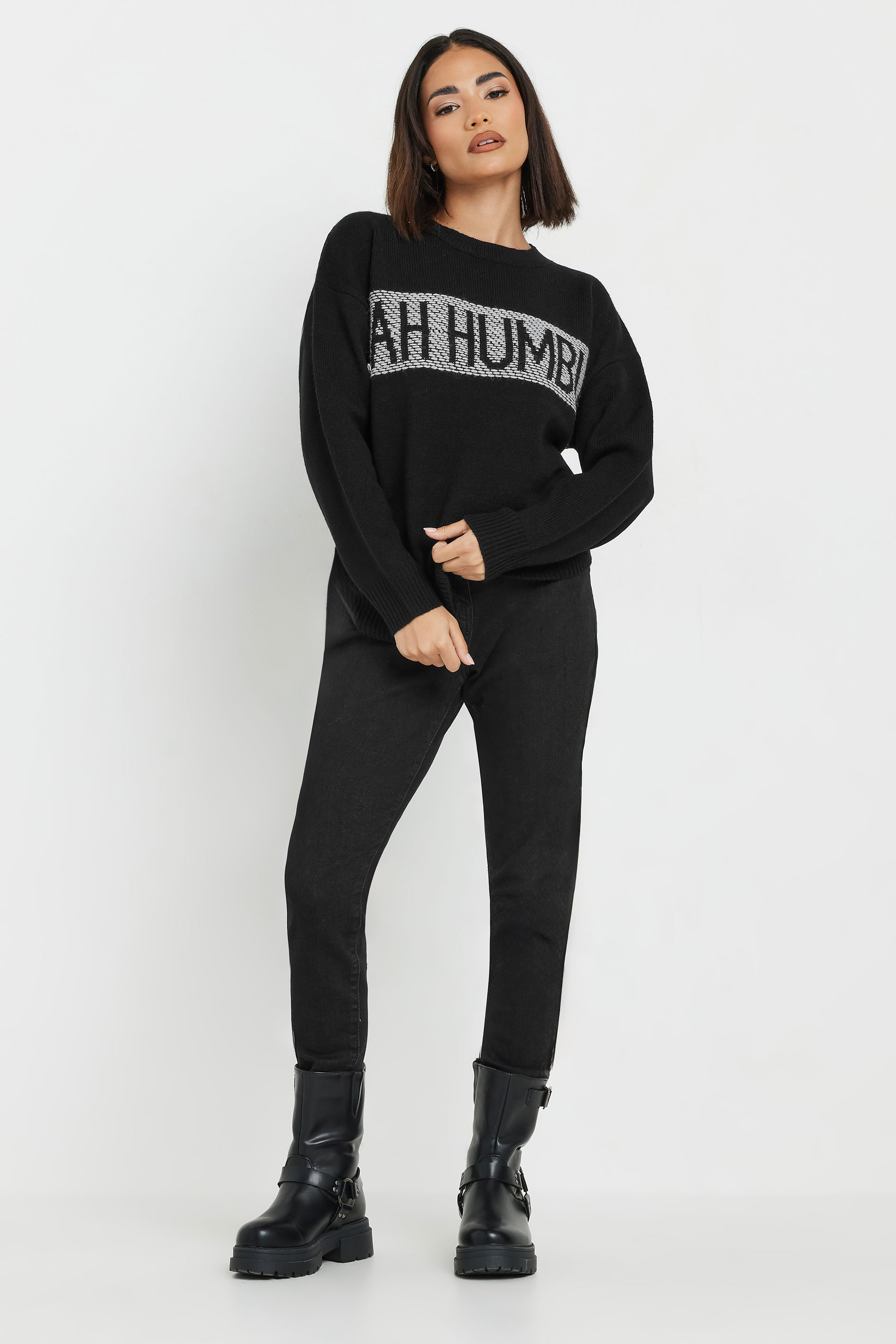 PixieGirl Petite Women's Black Knitted Christmas Slogan Jumper | PixieGirl 2