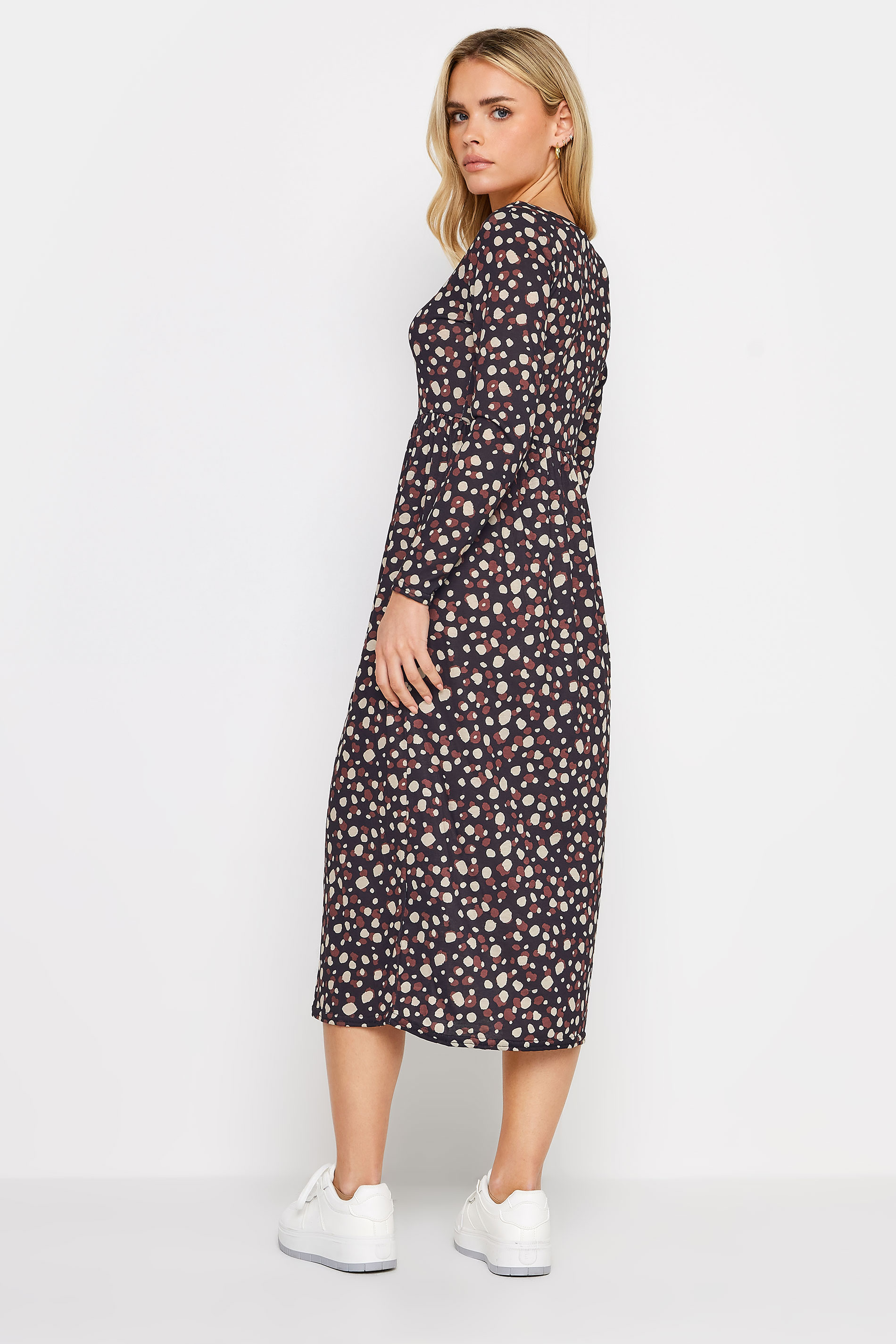 PixieGirl Petite Womens Brown Spot Print Long Sleeve Dress | PixieGirl  4
