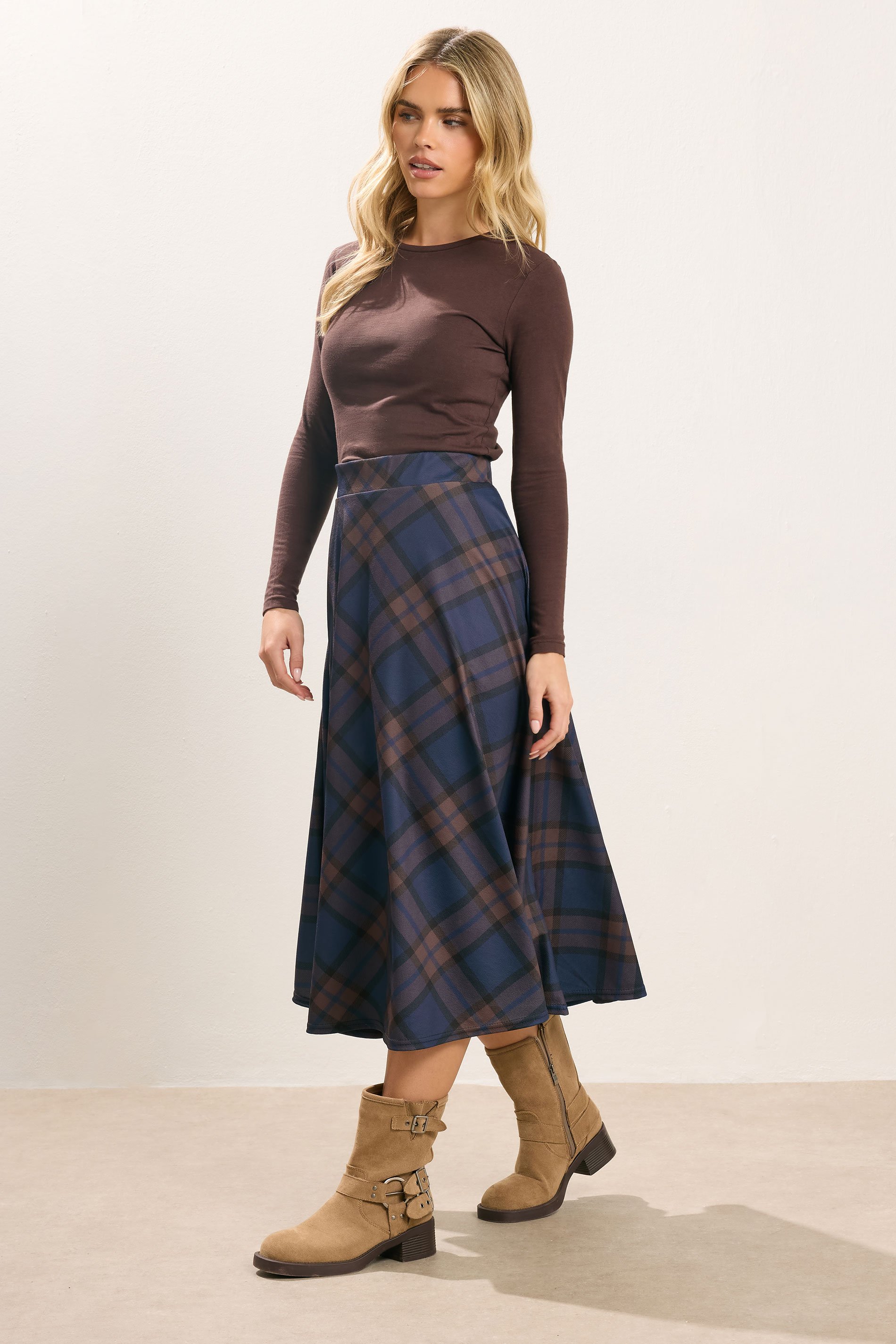 PixieGirl Petite Women's Brown & Blue Check Midaxi Skirt | PixieGirl 1