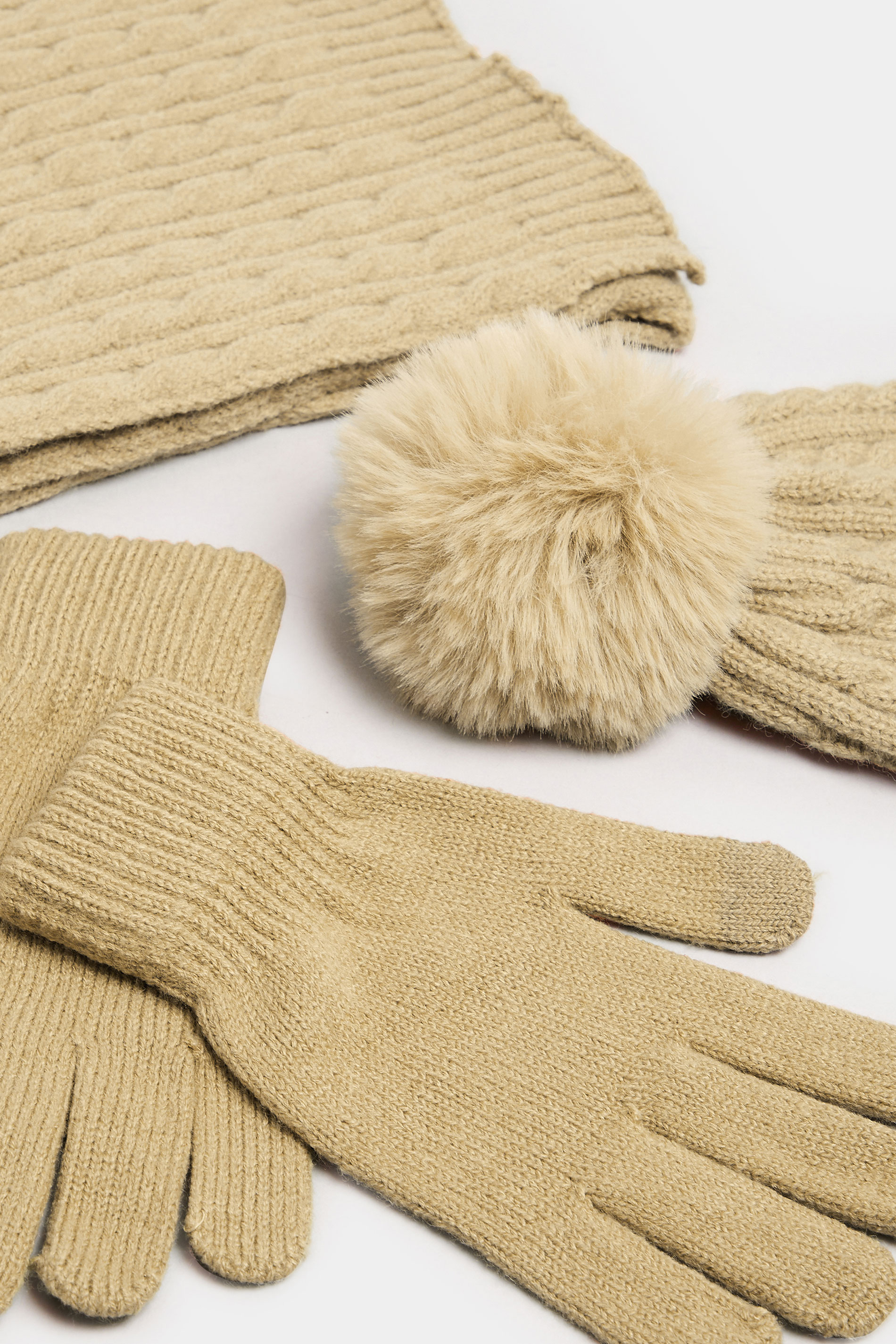 Beige Brown Cable Knit Hat Gloves & Scarf Set | Yours Clothing 3