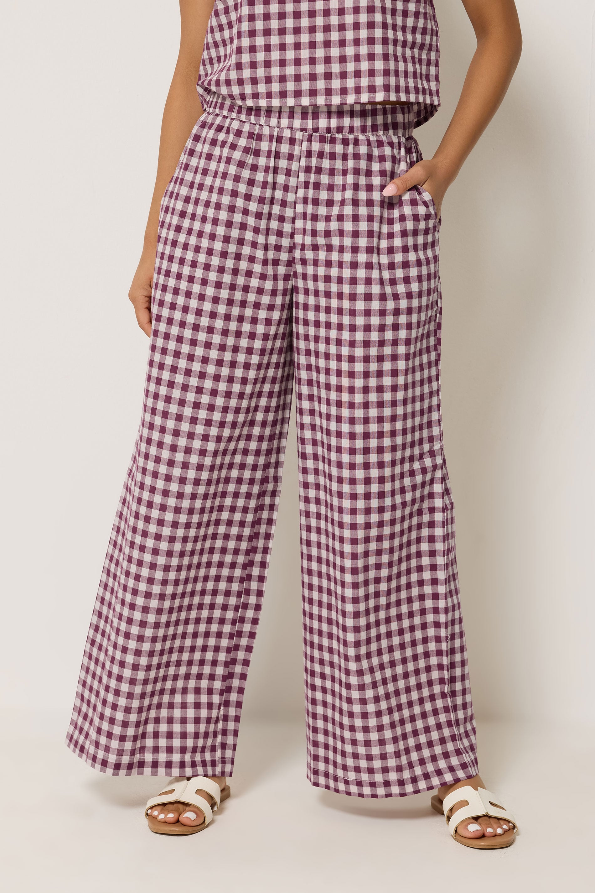 PixieGirl Petite Women's Set Burgundy Red Gingham Cotton Top & Wide Leg Trousers | PixieGirl 2