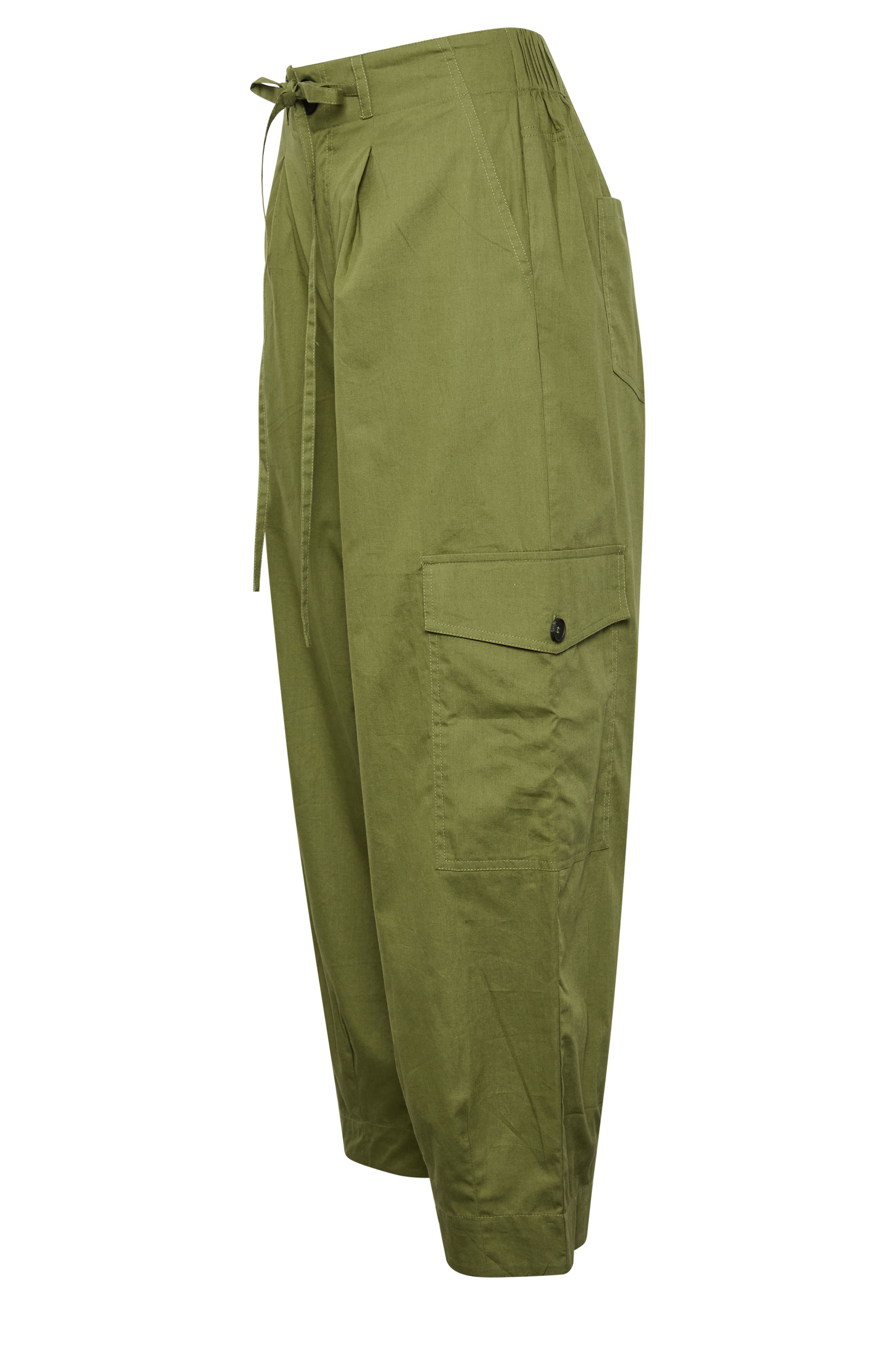 PixieGirl Petite Women's Khaki Green Poplin Cotton Cargo Barrel Leg Trousers | PixieGirl 7