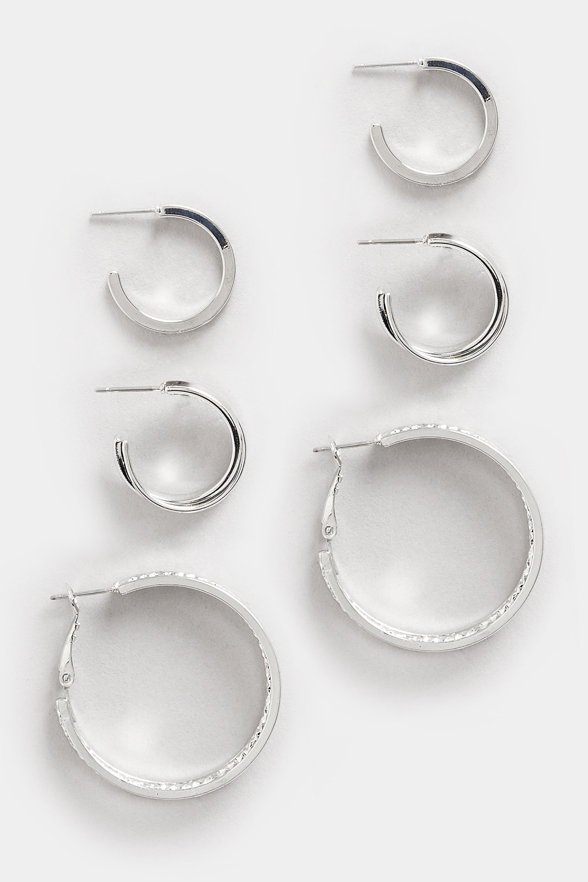 3 PACK Silver Tone Mixed Hoop Earrings Set | Yours Clothing 3