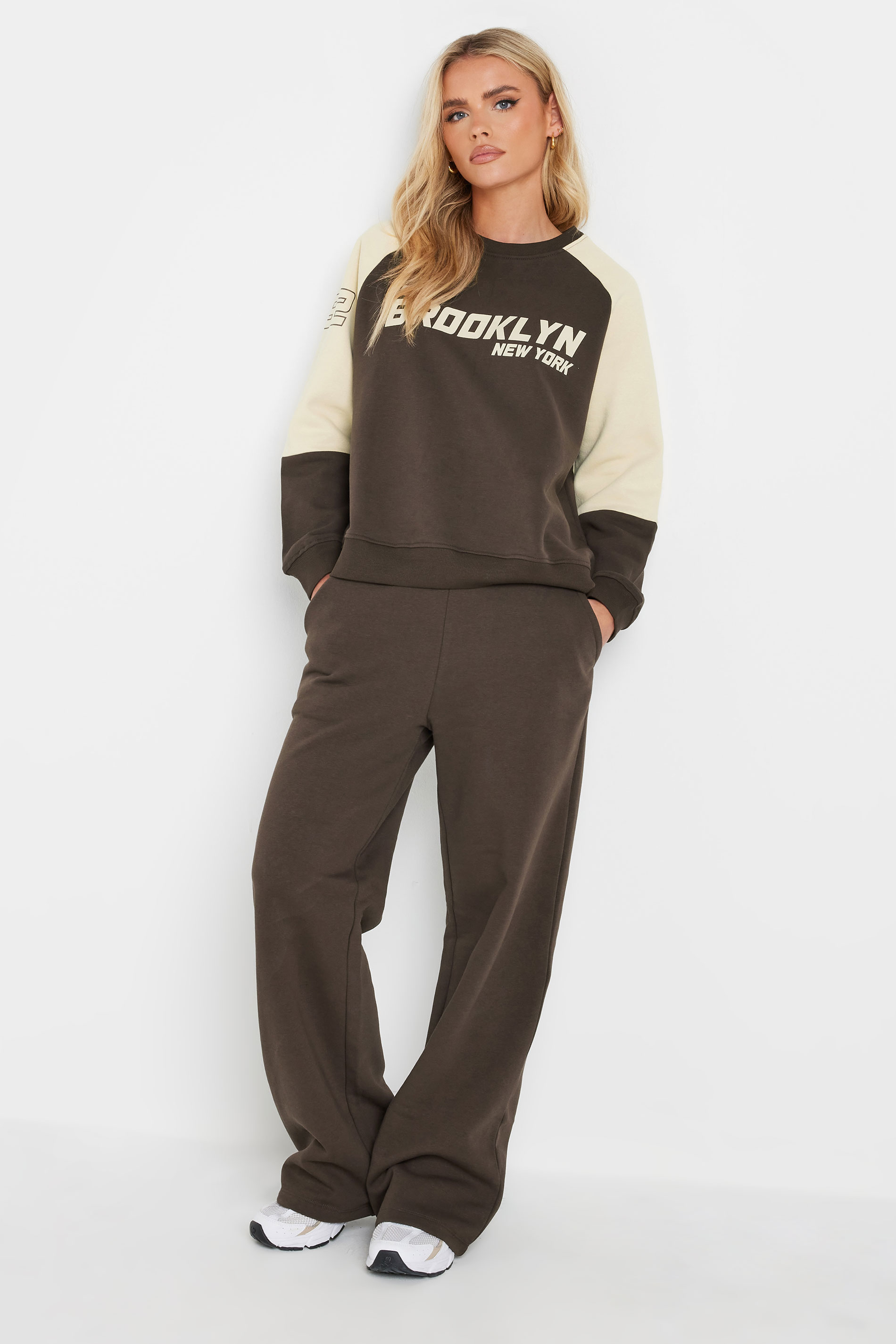 PixieGirl Petite Women's Chocolate Brown Contrast Waist Wide Leg Joggers | PixieGirl 1