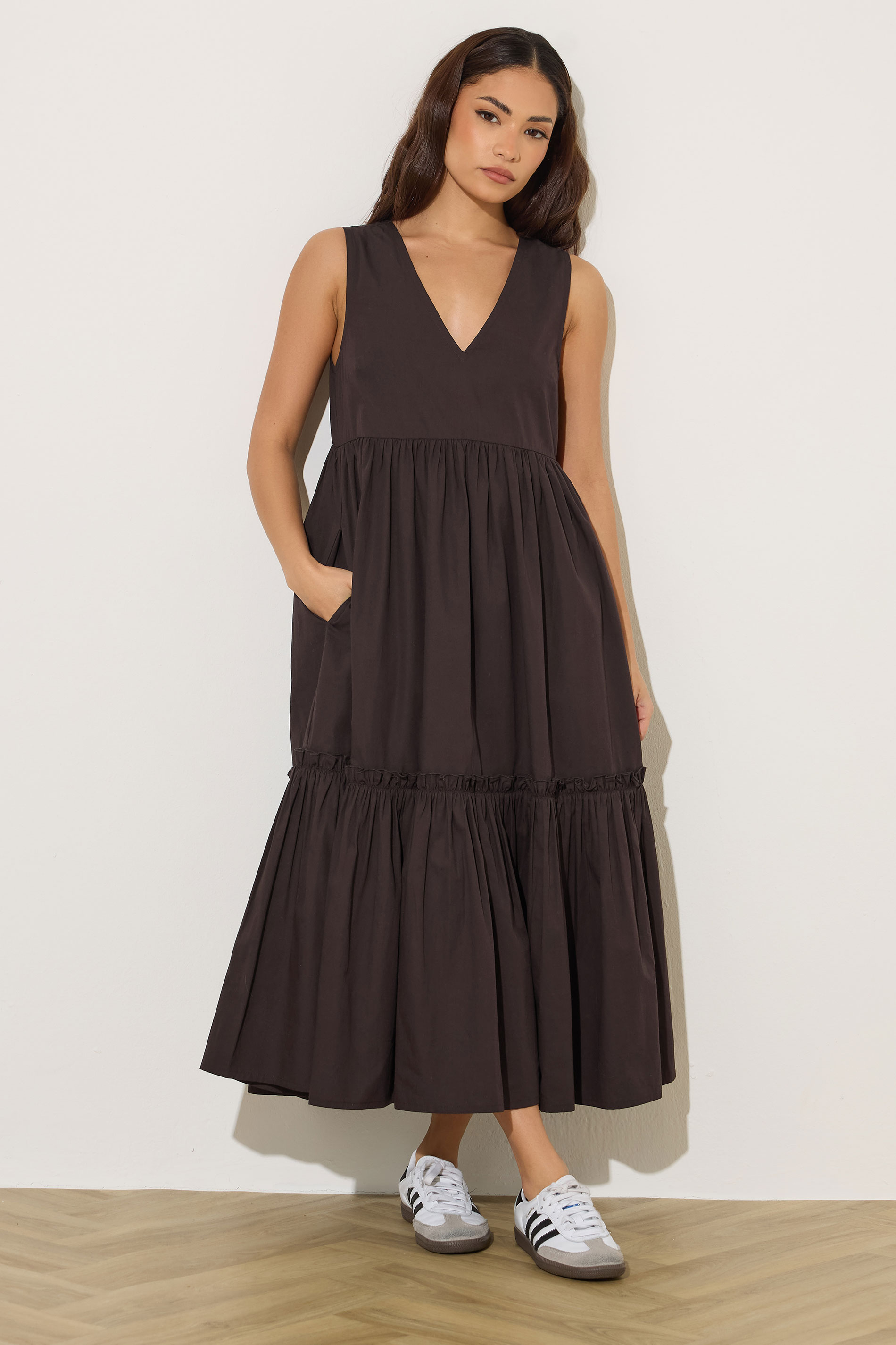 Pixiegirl Women's Brown Petite Chocolate Frill Tiered Midi Dress Size 12