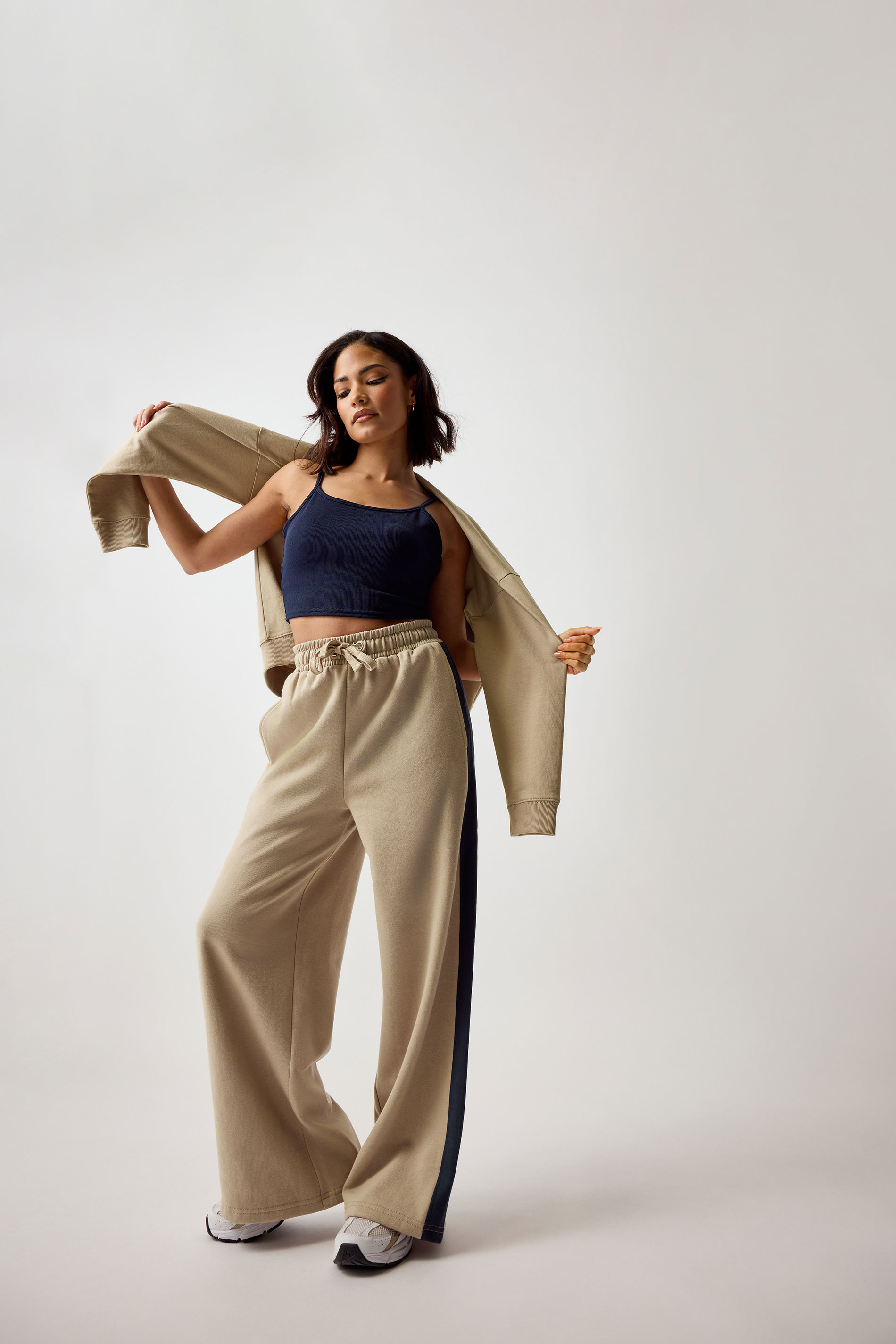 PixieGirl Petite Women's Beige Brown Side Striped Wide Leg Jogger | PixieGirl 1