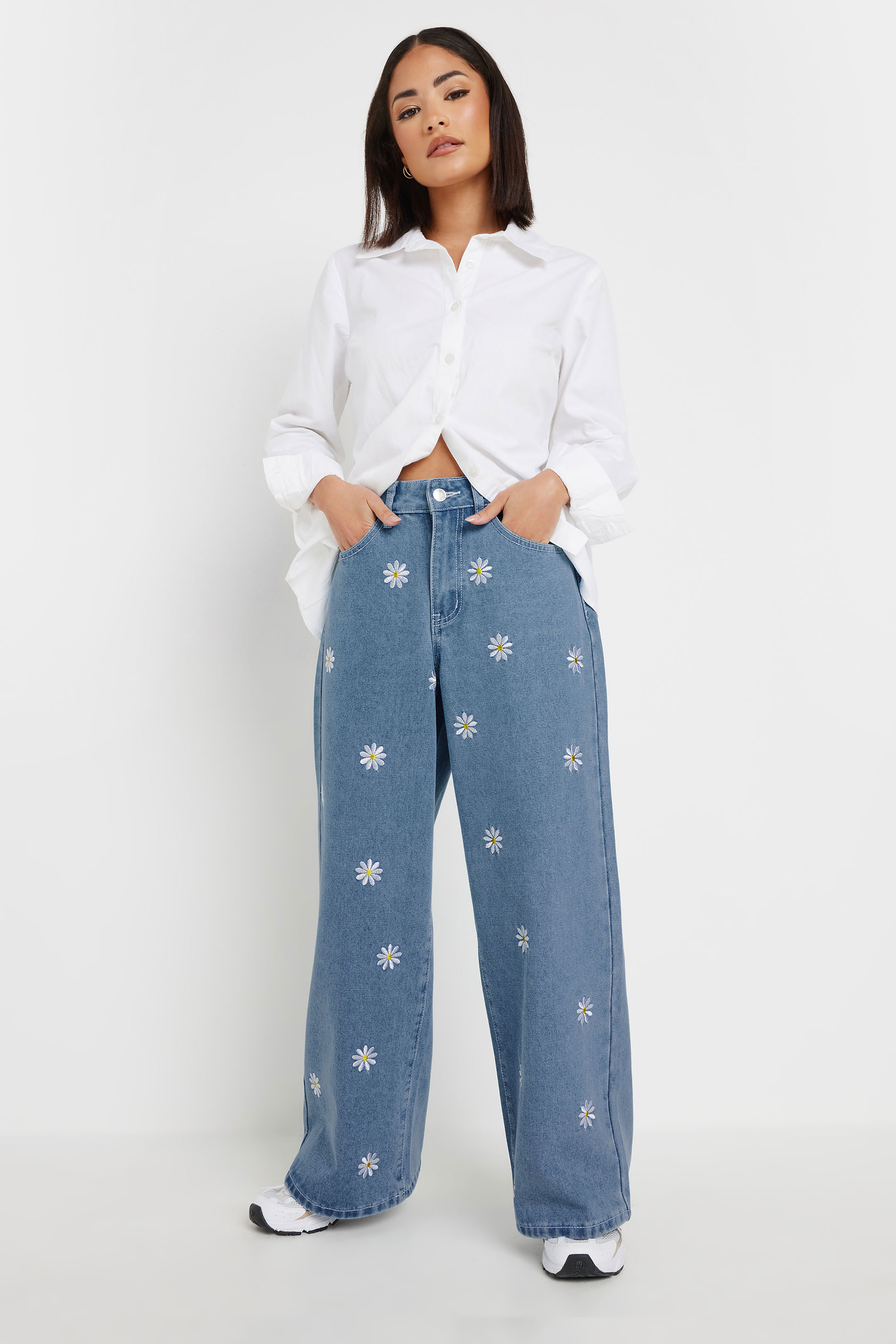 PixieGirl Petite Women's Blue Denim Daisy Embroidered Wide Leg Jeans | PixieGirl 1