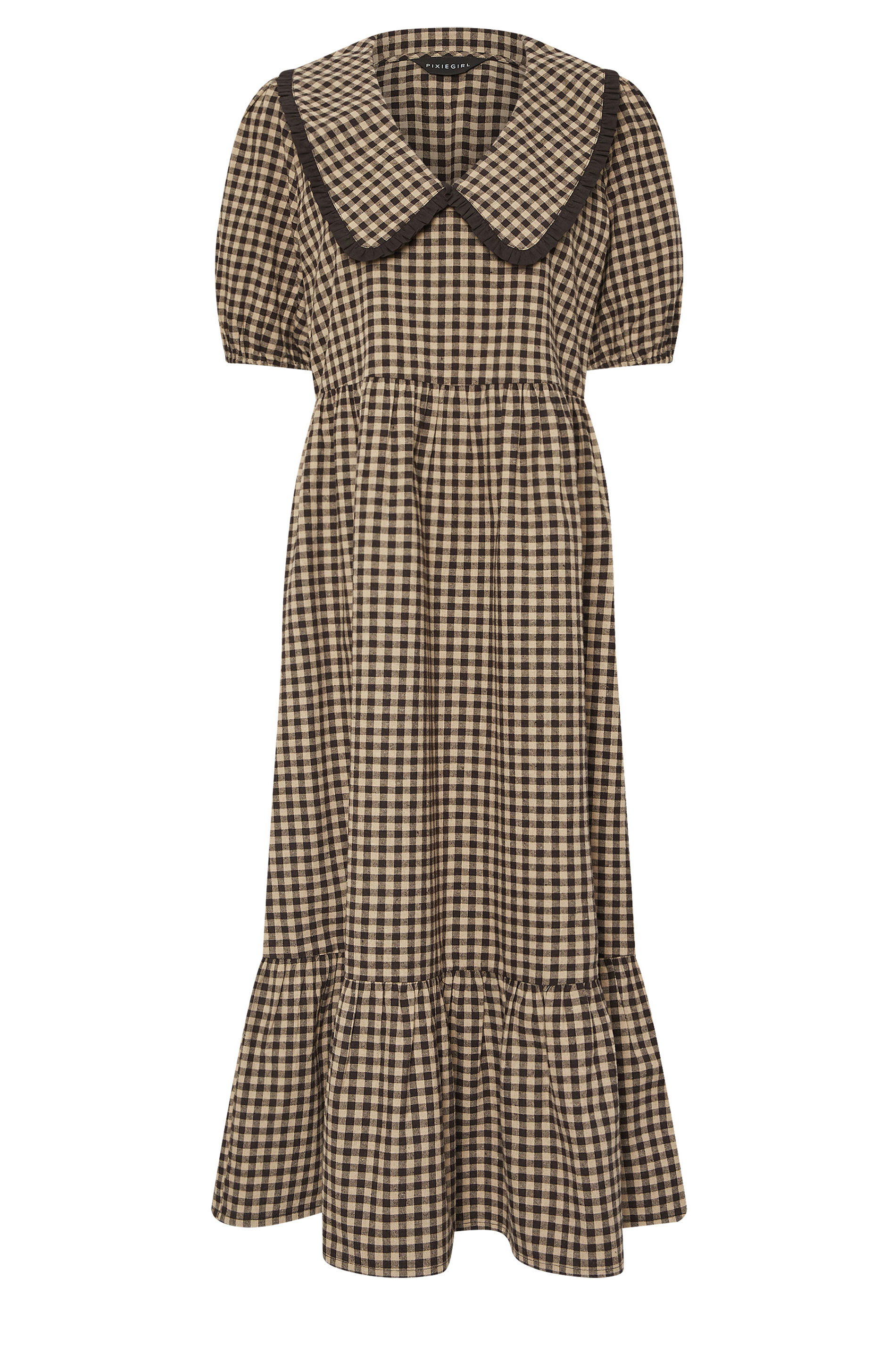 PixieGirl Petite Women's Brown Gingham Big Collar Maxi Dress | PixieGirl 6