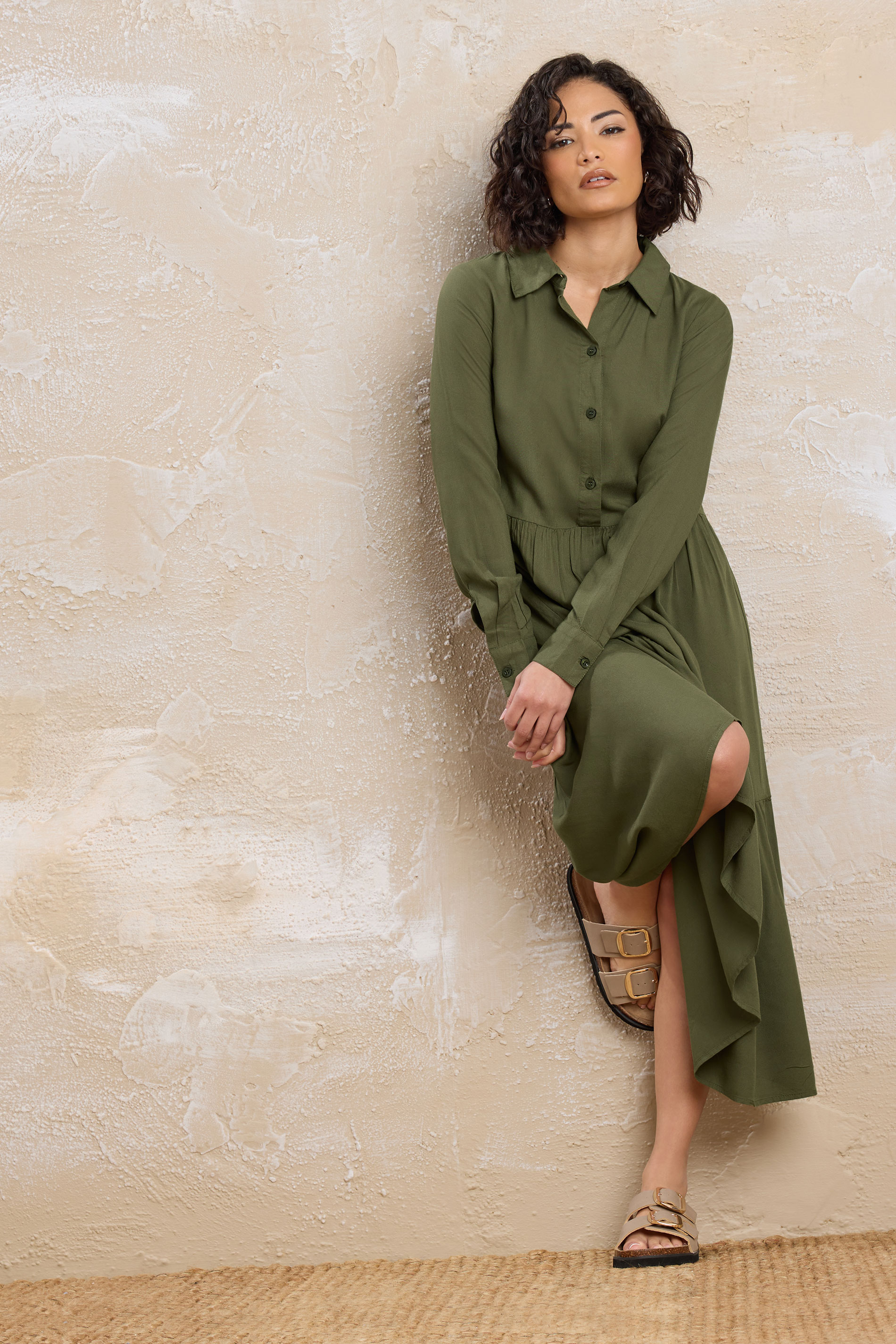 PixieGirl Petite Women's Khaki Green Sleeved Smock Dress | PixieGirl 2