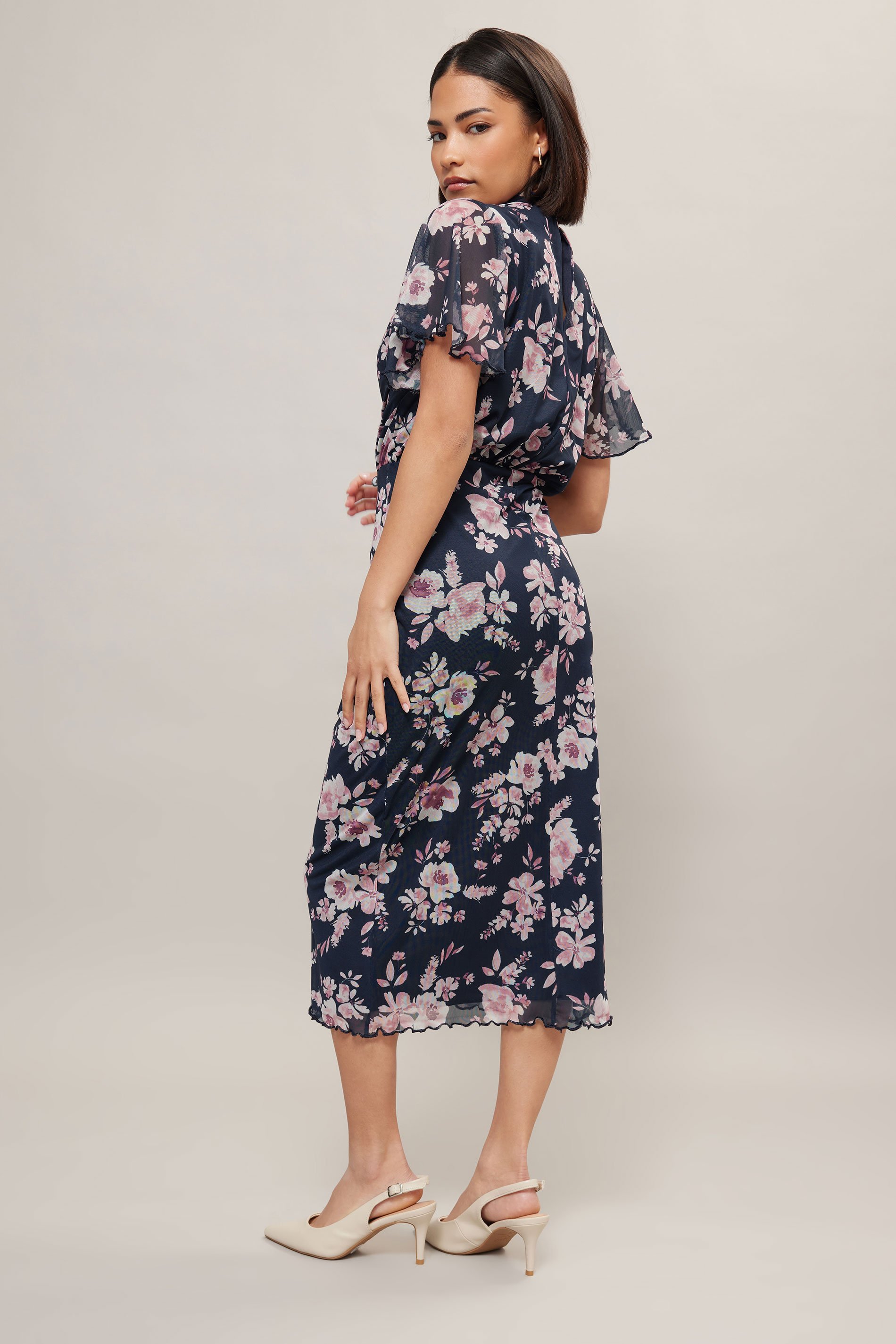 PixieGirl Petite Women's Navy Blue Floral Print Flutter Sleeve Dress | PixieGirl 4