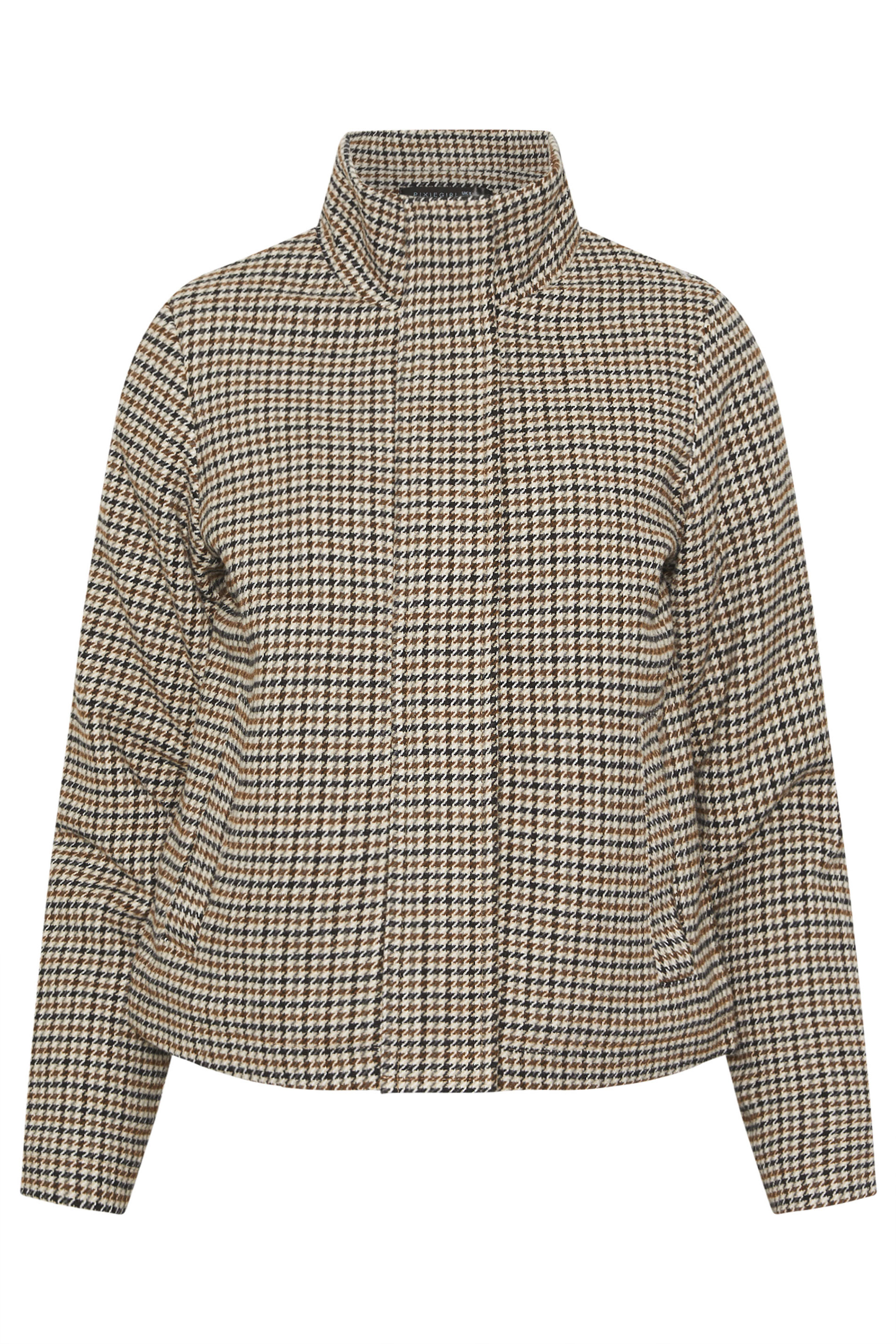 PixieGirl Petite Women's Brown Check Funnel Neck Coat | PixieGirl 5