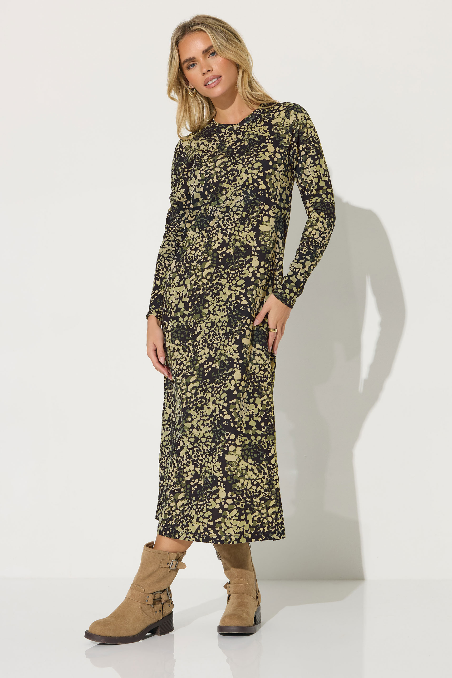 PixieGirl Petite Women's Khaki Green Abstract Animal Long Sleeve T-Shirt Dress | PixieGirl 3