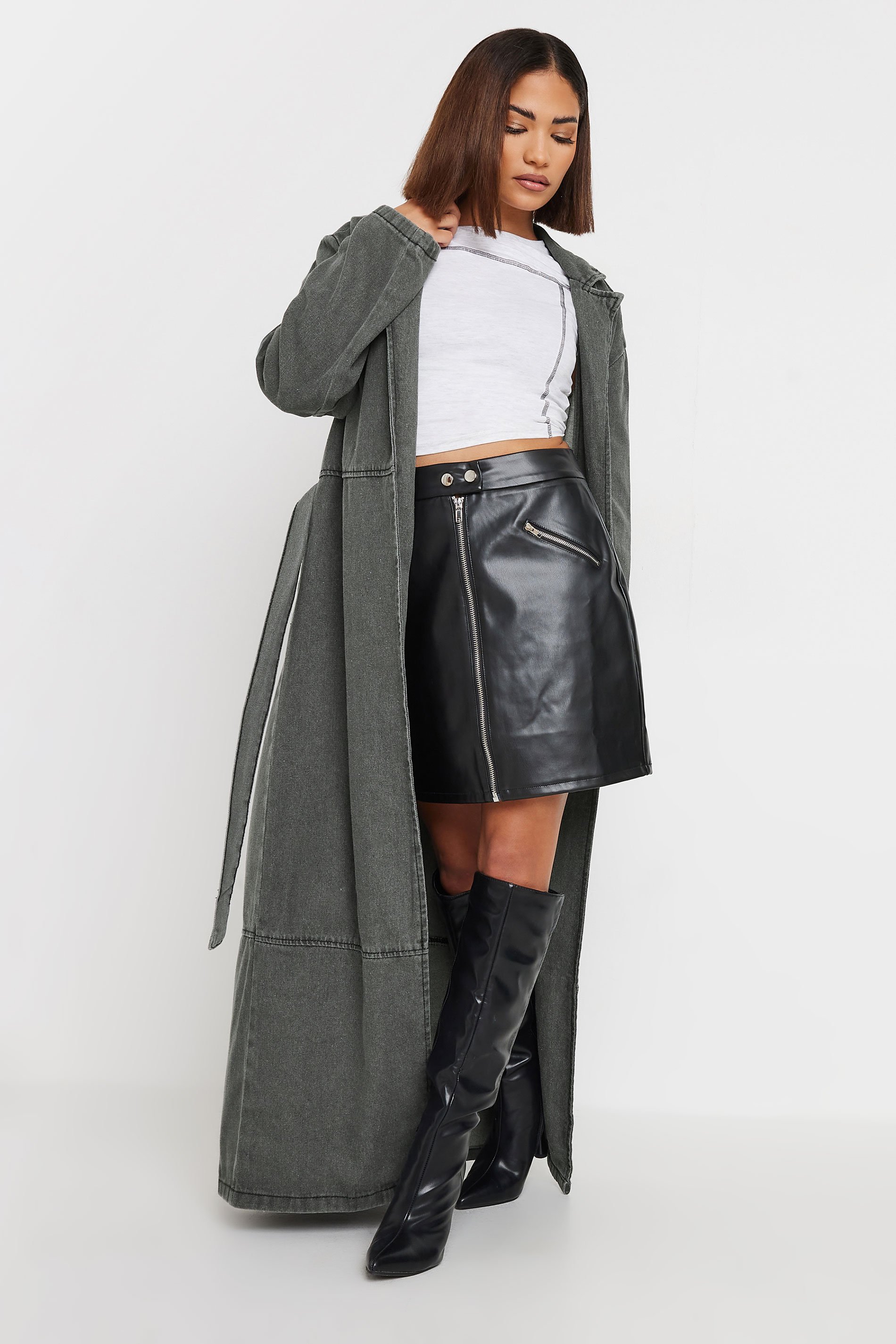 PixieGirl Petite Women's Grey Wash Denim Longline Trench Coat | PixieGirl 1