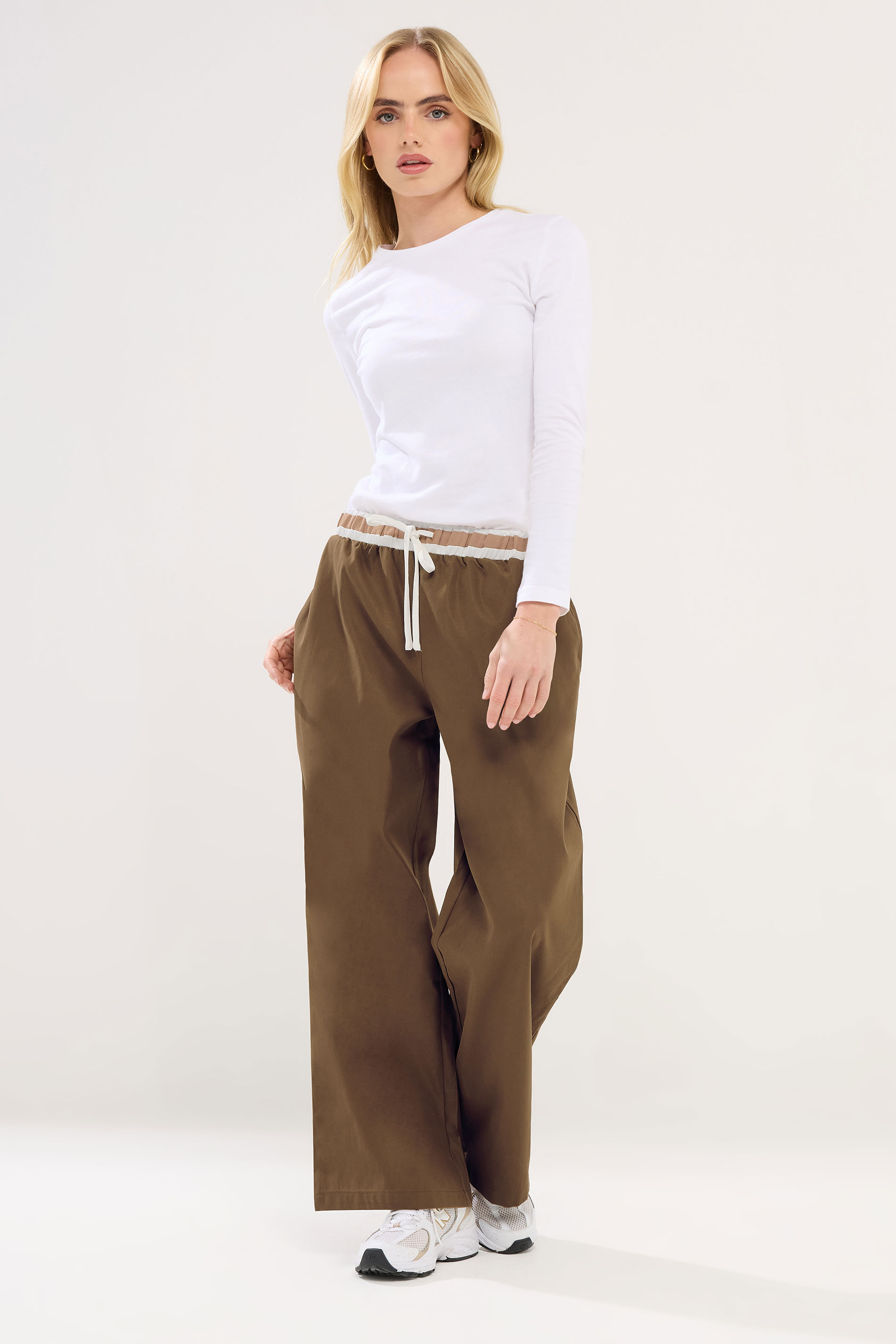 PixieGirl Petite Women's Stone Brown Contrast Waist Trousers | PixieGirl 1