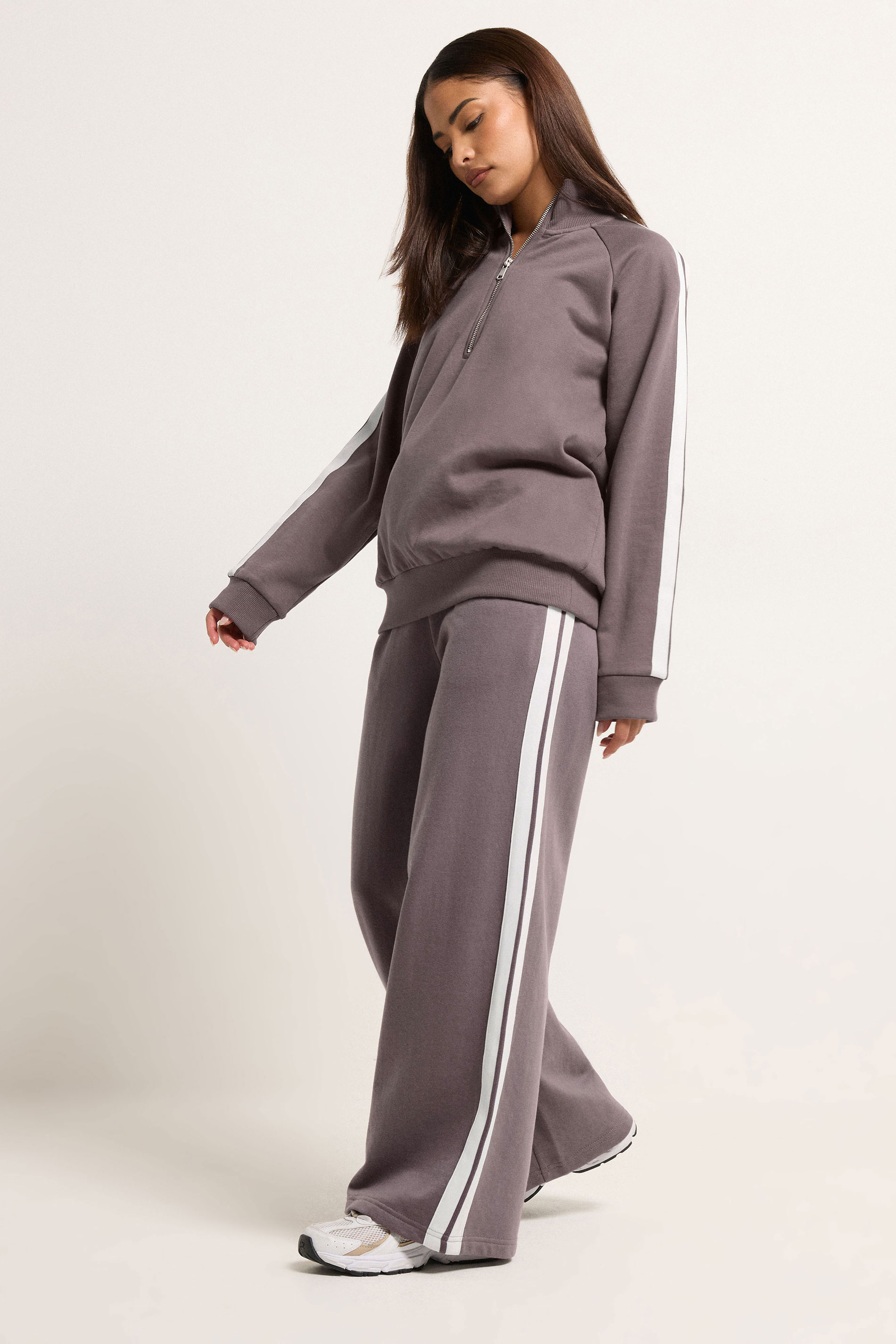 PixieGirl Petite Women's Set Purple Stripe Quarter Zip Sweatshirt & Wide Leg Joggers | PixieGirl 1