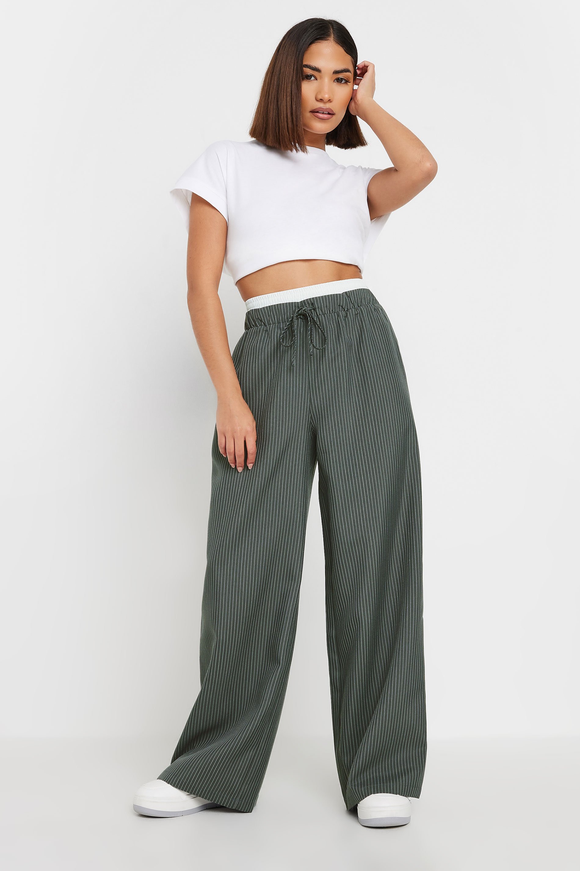 PixieGirl Petite Women's Grey Pinstripe Contrast Waist Trousers | PixieGirl 2
