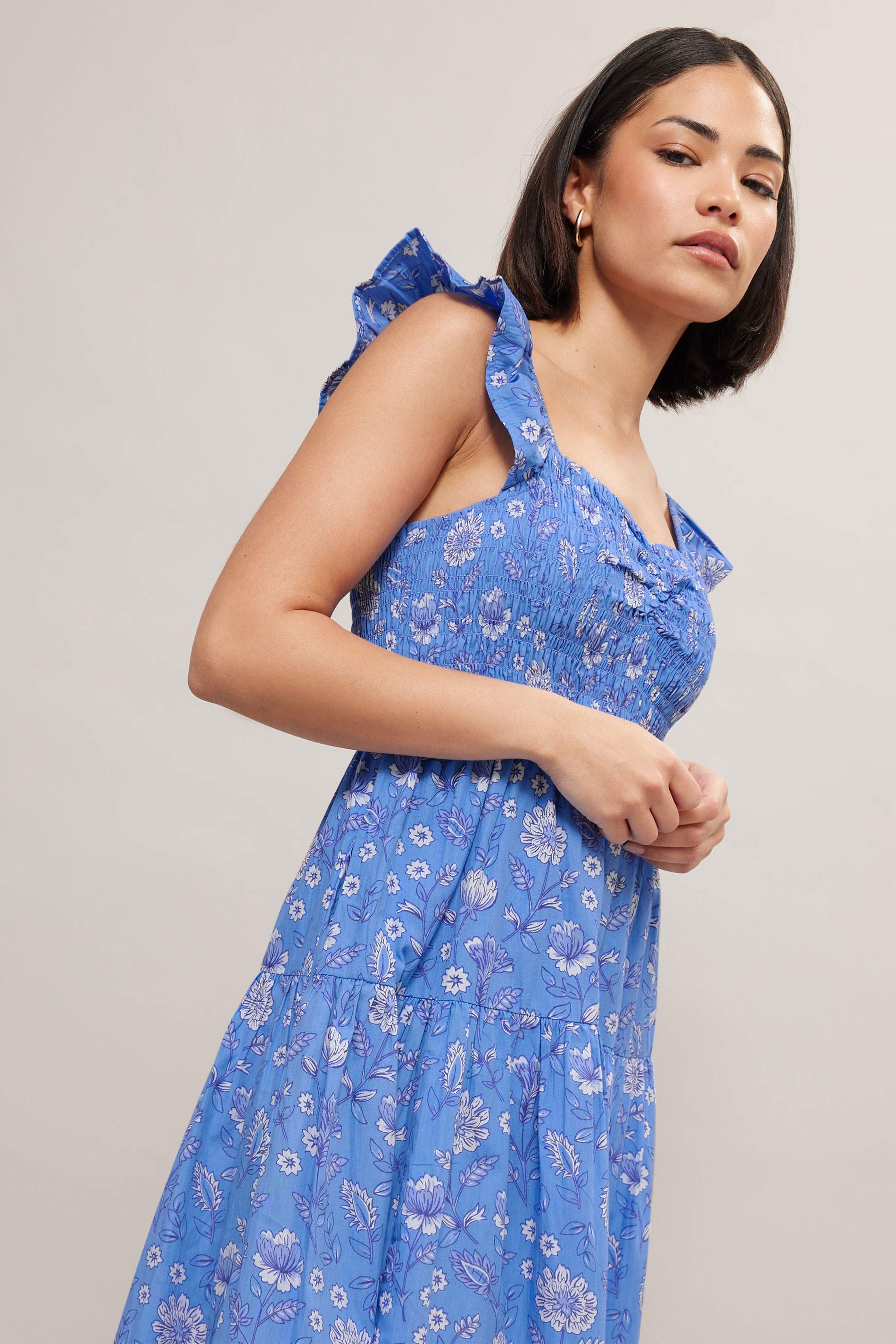 PixieGirl Petite Women's Blue Floral Frill Sleeve Shirred Dress | PixieGirl 4