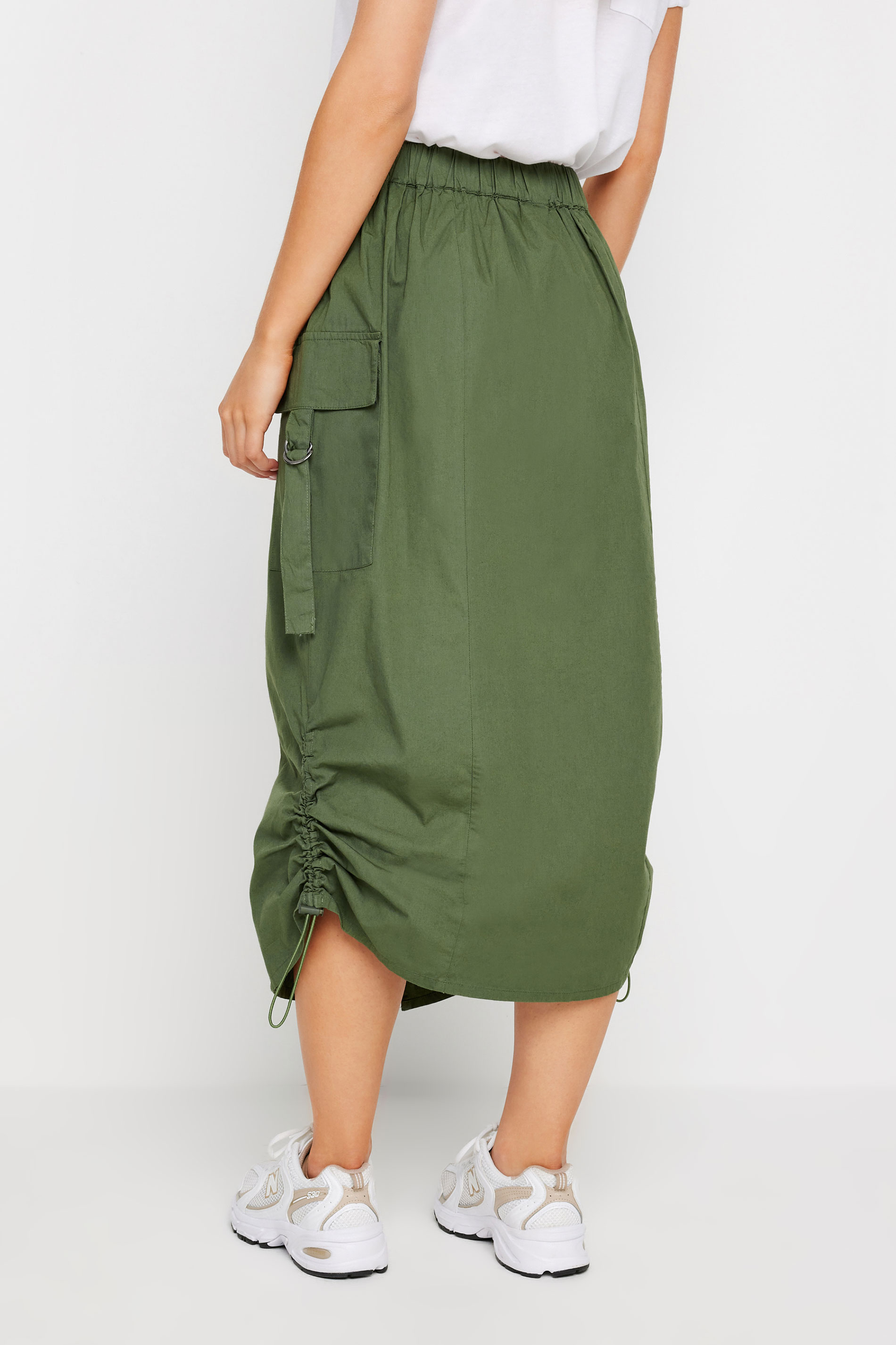 PixieGirl Khaki Green Cargo Ruched Midi Skirt | PixieGirl  3