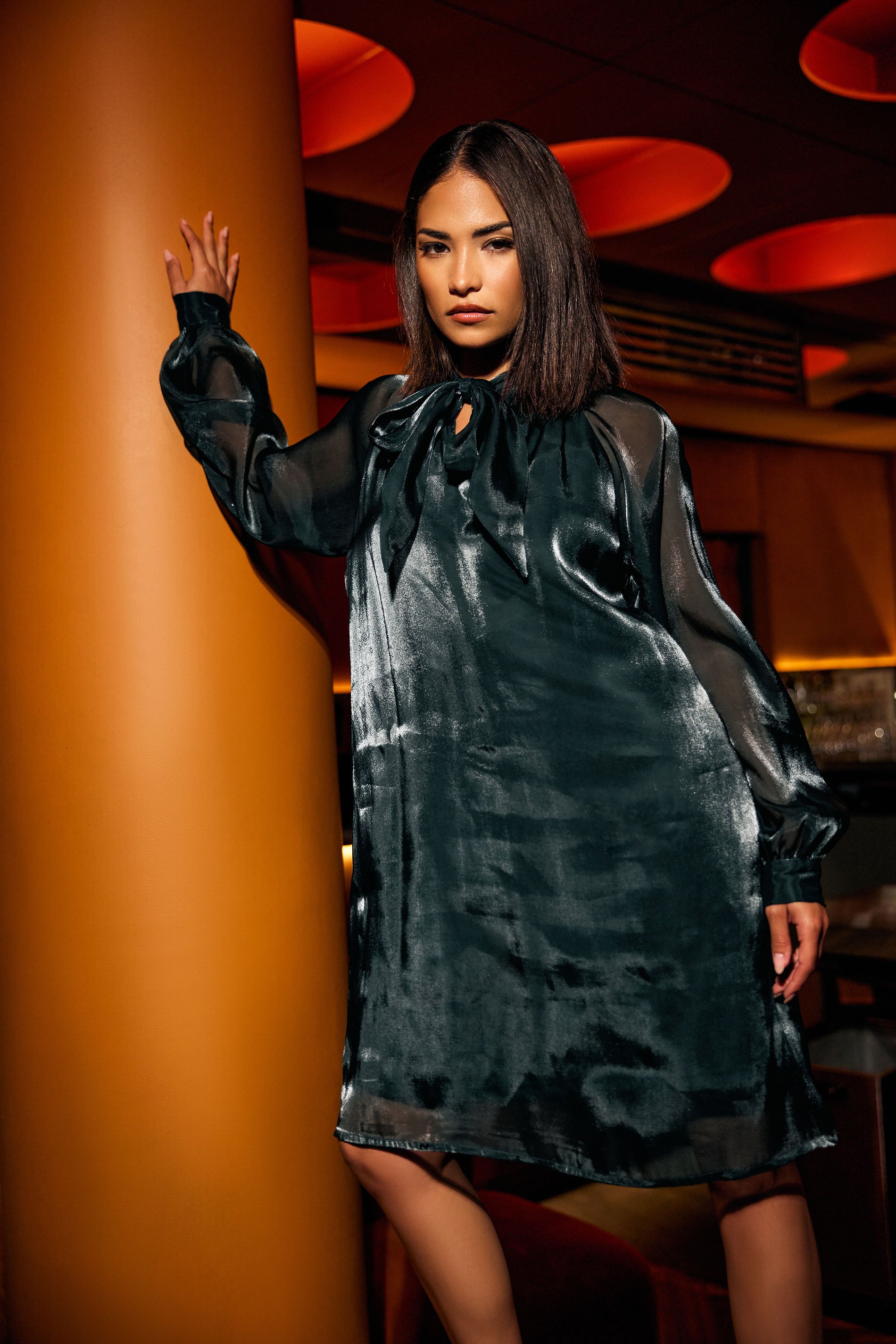 PixieGirl Petite Women's Dark Green Organza Tie Neck Dress | PixieGirl 1