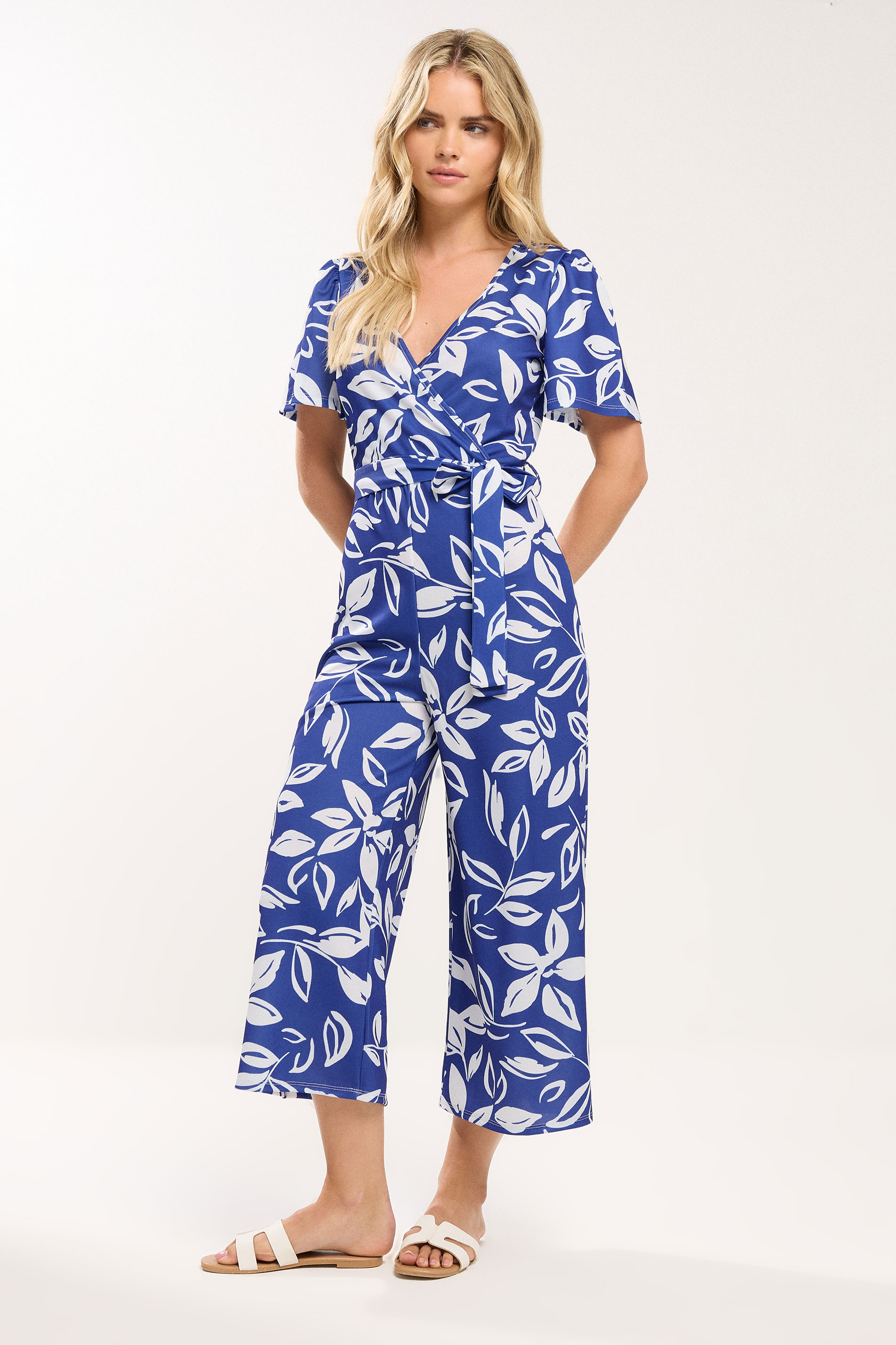 M&Co Petite Blue & White Leaf print Jumpsuit | M&Co 3