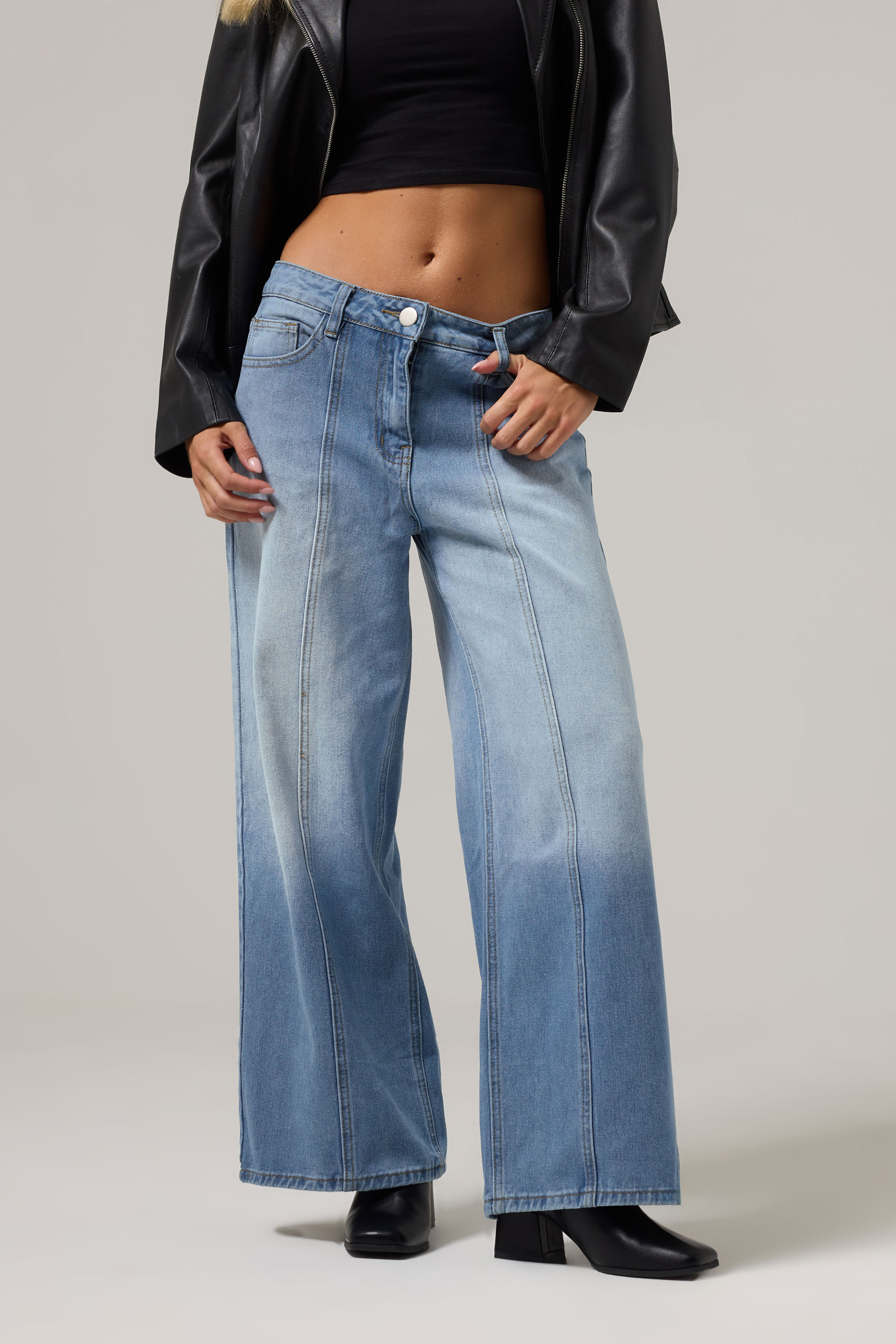 PixieGirl Petite Women's Blue Non-Stretch Seam Front Wide Leg Jeans | PixieGirl 3