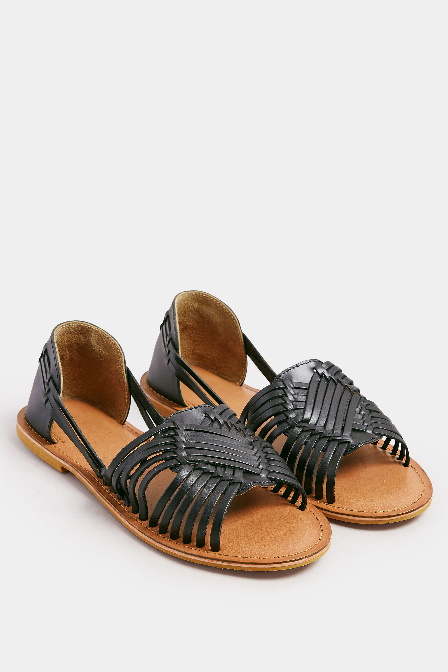 Black Leather Woven Flat Sandals In Wide E Fit & Extra Wide EEE Fit | Yours Clothing 3