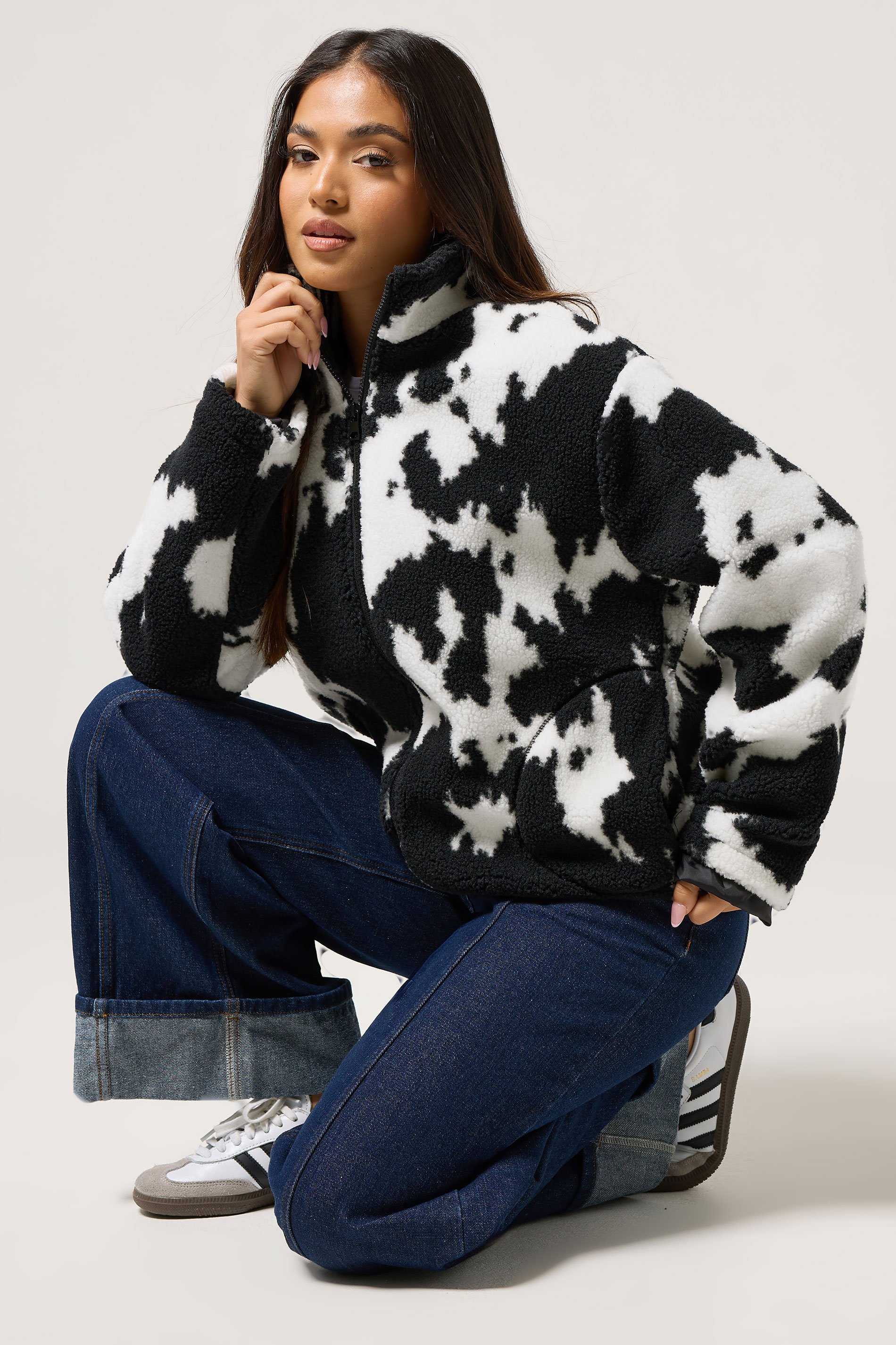PixieGirl Petite Women's Black Cow Print Zip Fleece Jacket | PixieGirl 1