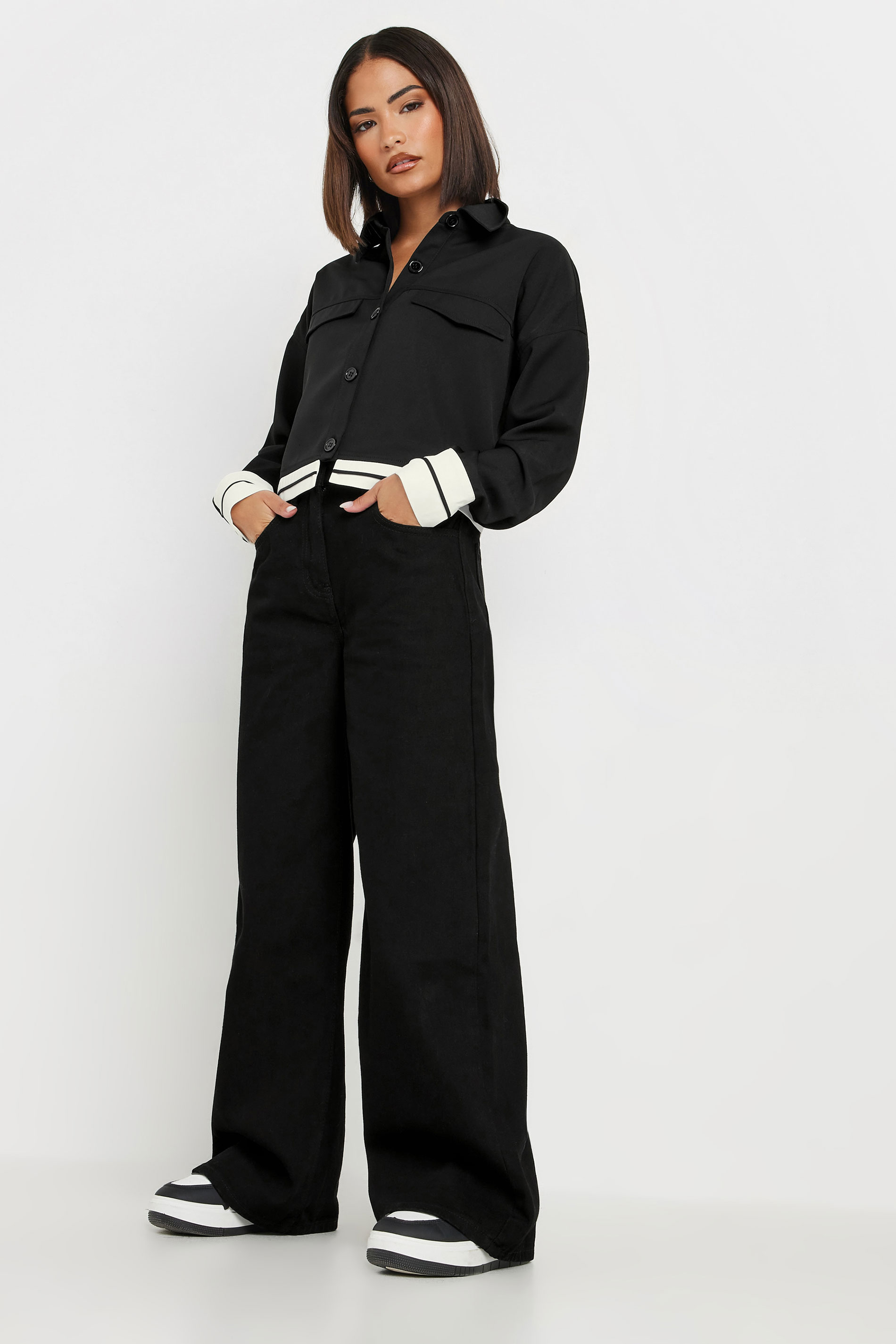 PixieGirl Petite Women's Black Contrast Hemline Cropped Shirt | PixieGirl 2