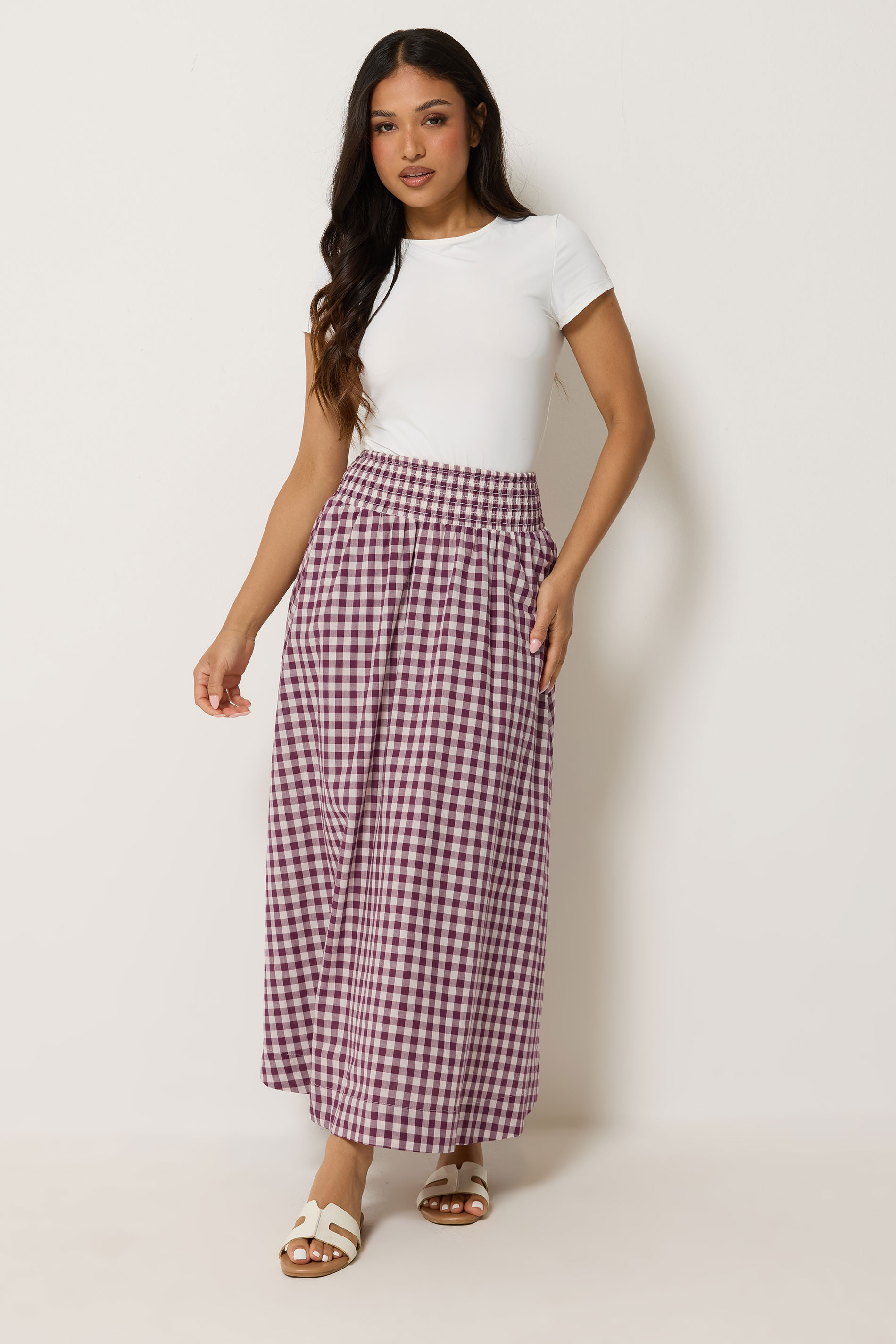 PixieGirl Petite Women's Plum Purple Gingham Cotton Shirred Maxi Skirt | PixieGirl 2