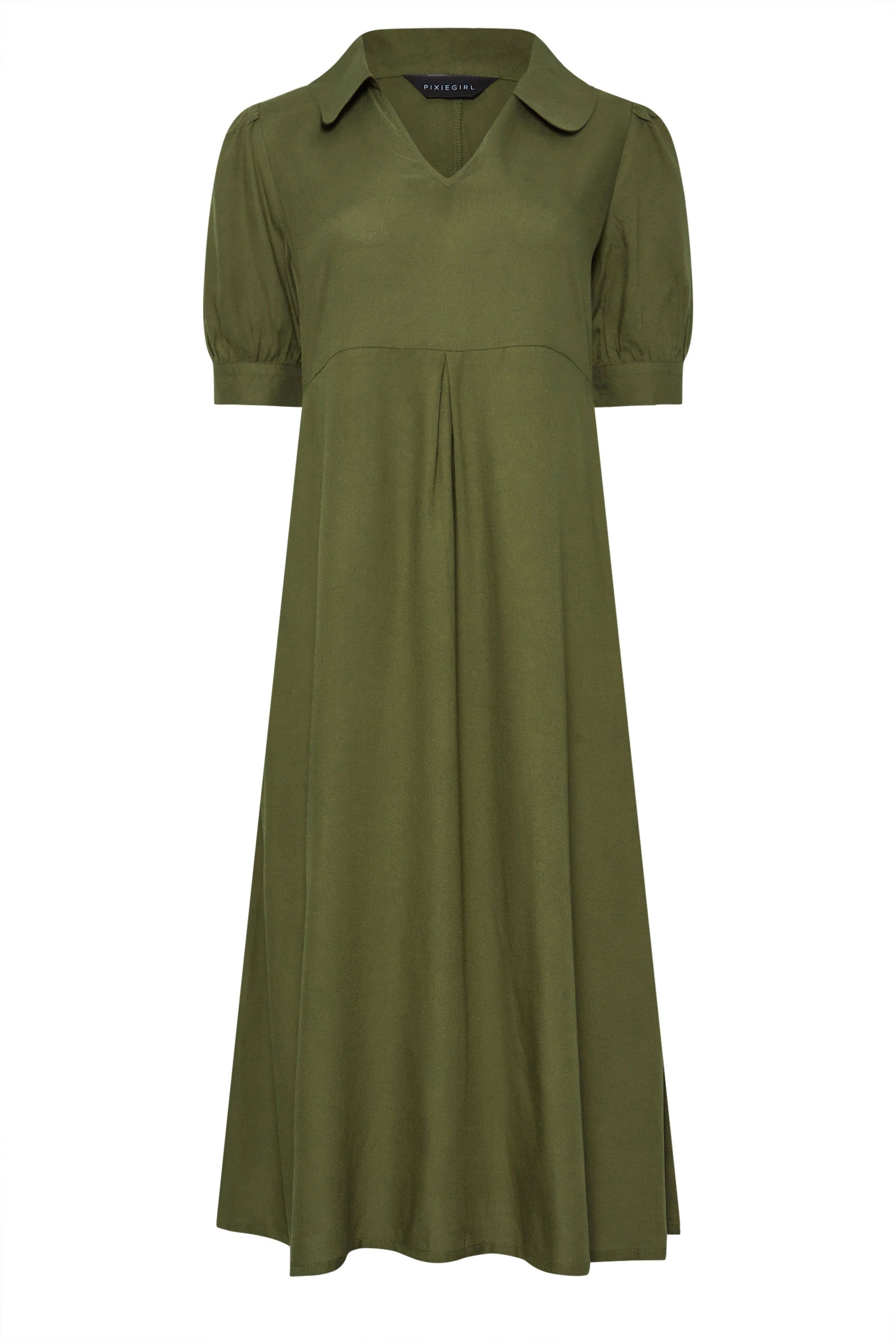 PixieGirl Petite Women's Olive Green Open Collar Short Sleeve Dress | PixieGirl 5