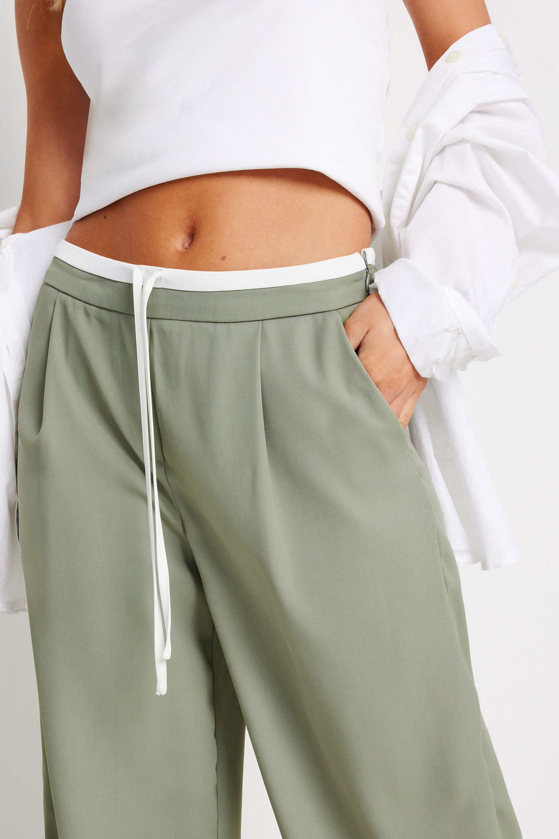 PixieGirl Petite Womens Sage Green Contrast Waist Wide Leg Trousers | PixieGirl 4