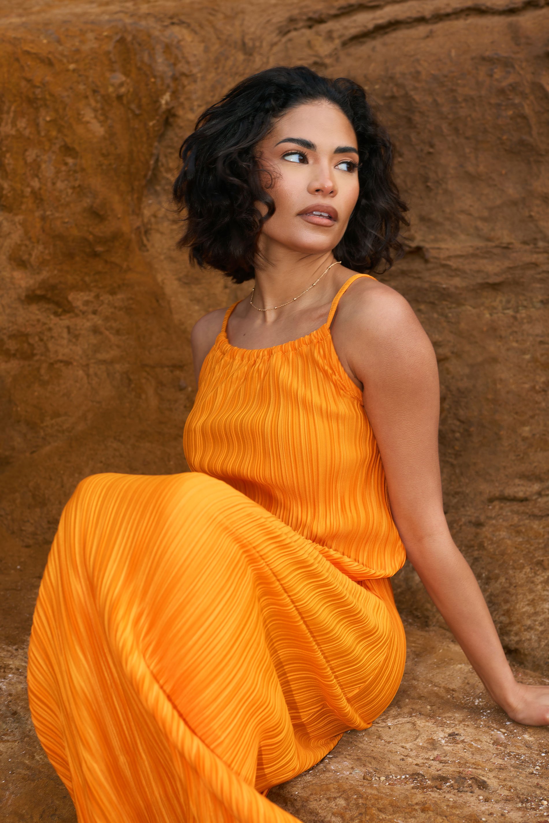 PixieGirl Petite Women's Orange Plisse Midi Dress | PixieGirl 1