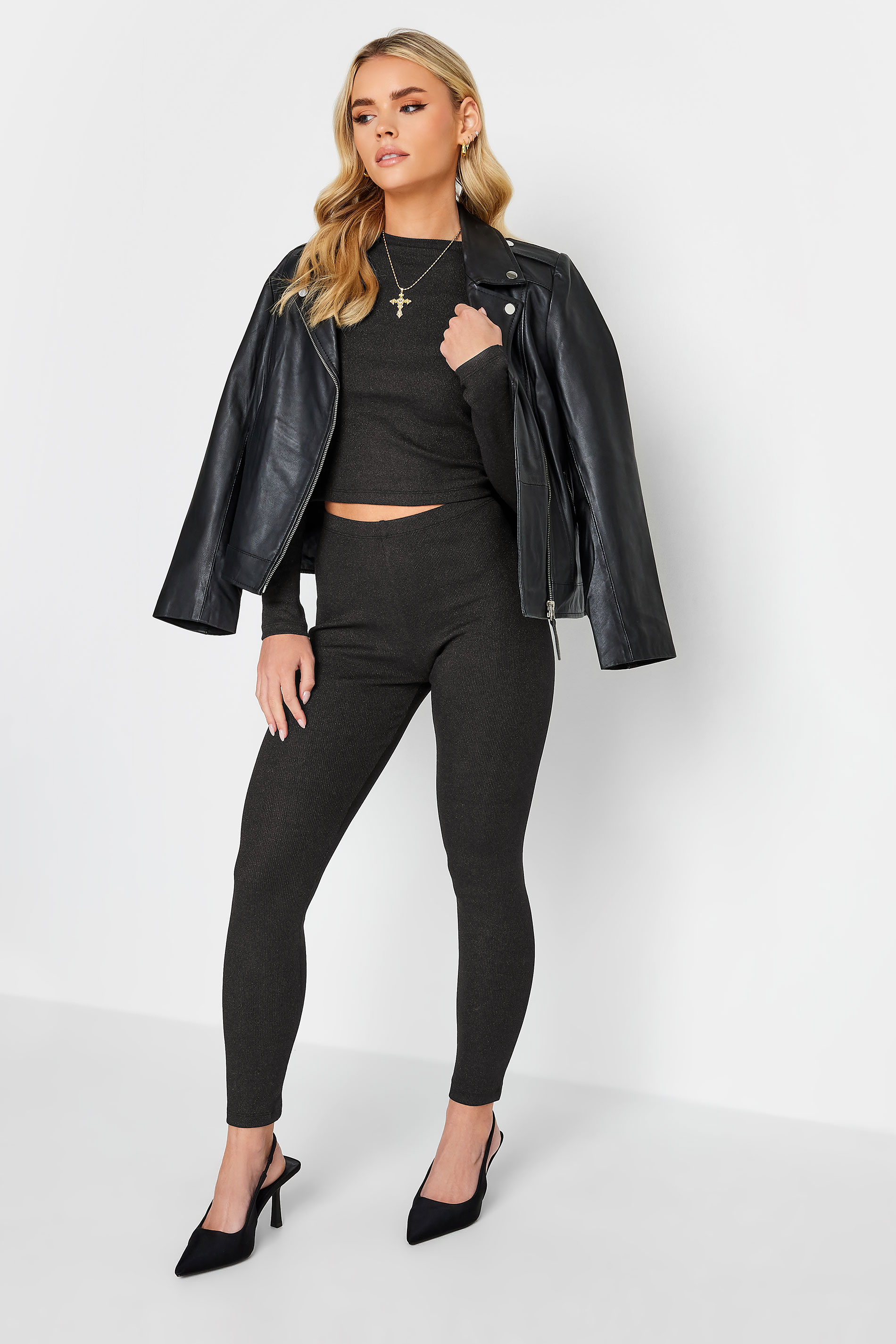 PixieGirl Petite Womens Black Metallic Ribbed Long Sleeve Top | PixieGirl 4