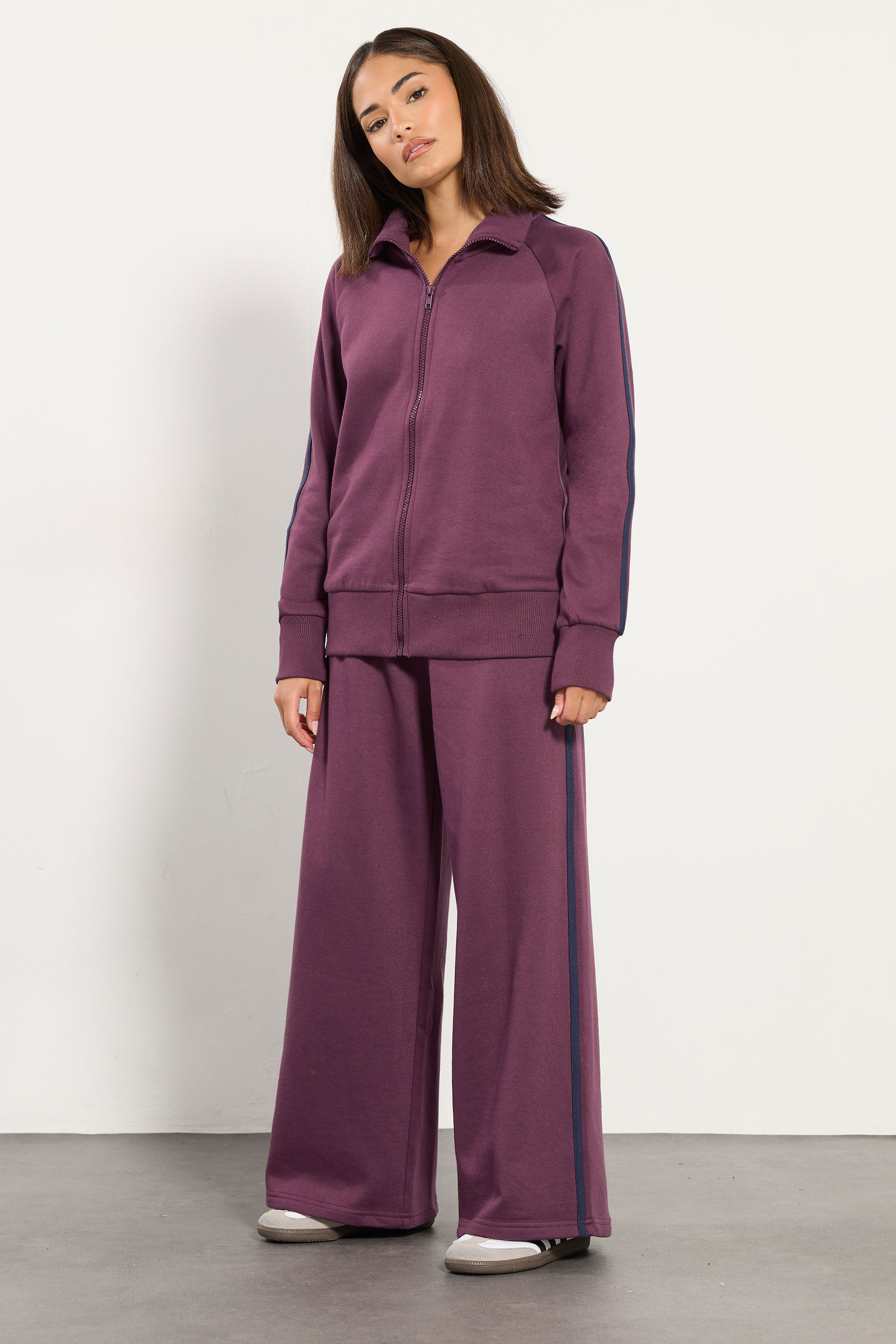 PixieGirl Petite Women's Burgundy Red Stripe Wide Leg Joggers | PixieGirl 1