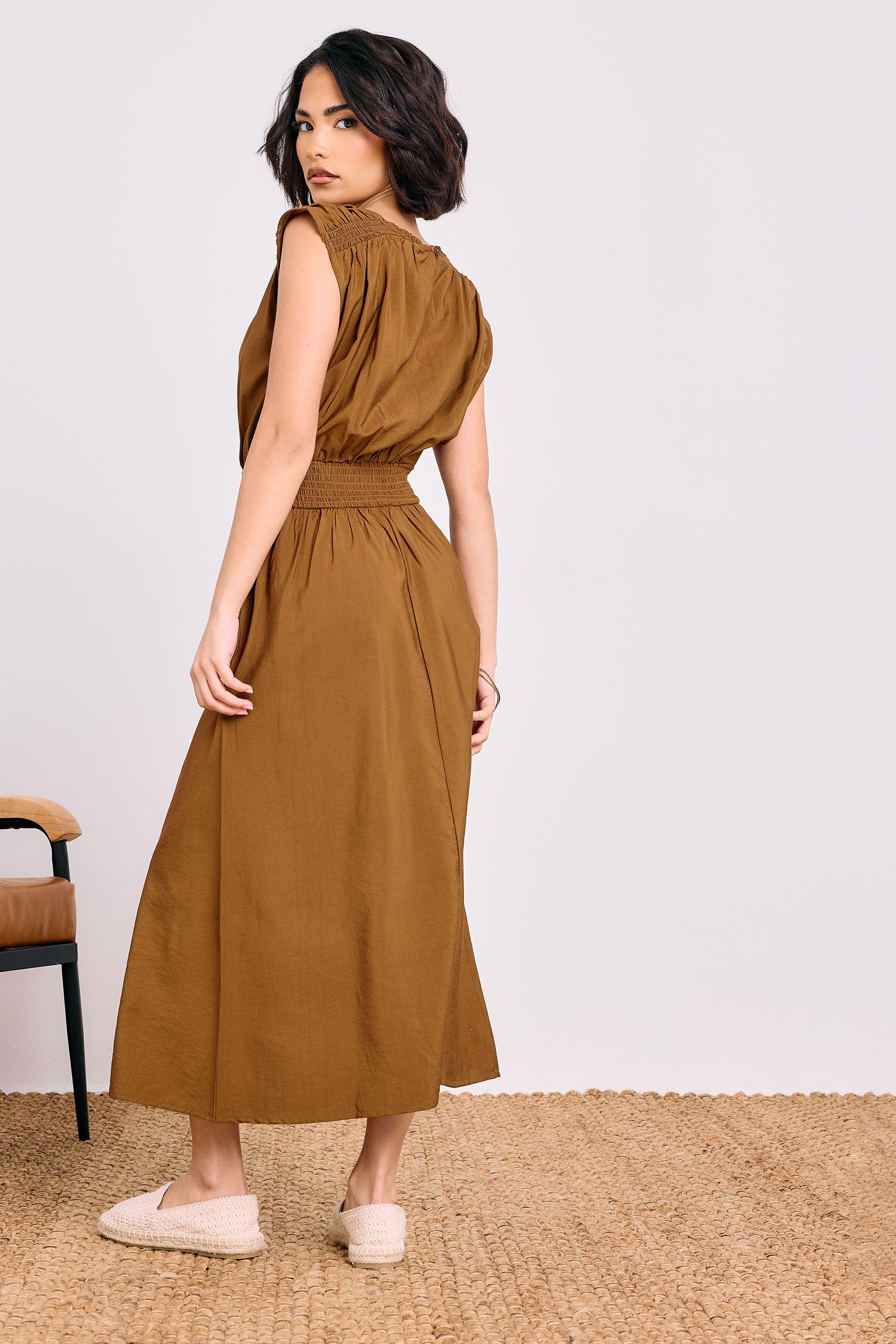 PixieGirl Petite Women's Brown Shirred Waist Midaxi Dress | PixieGirl 4