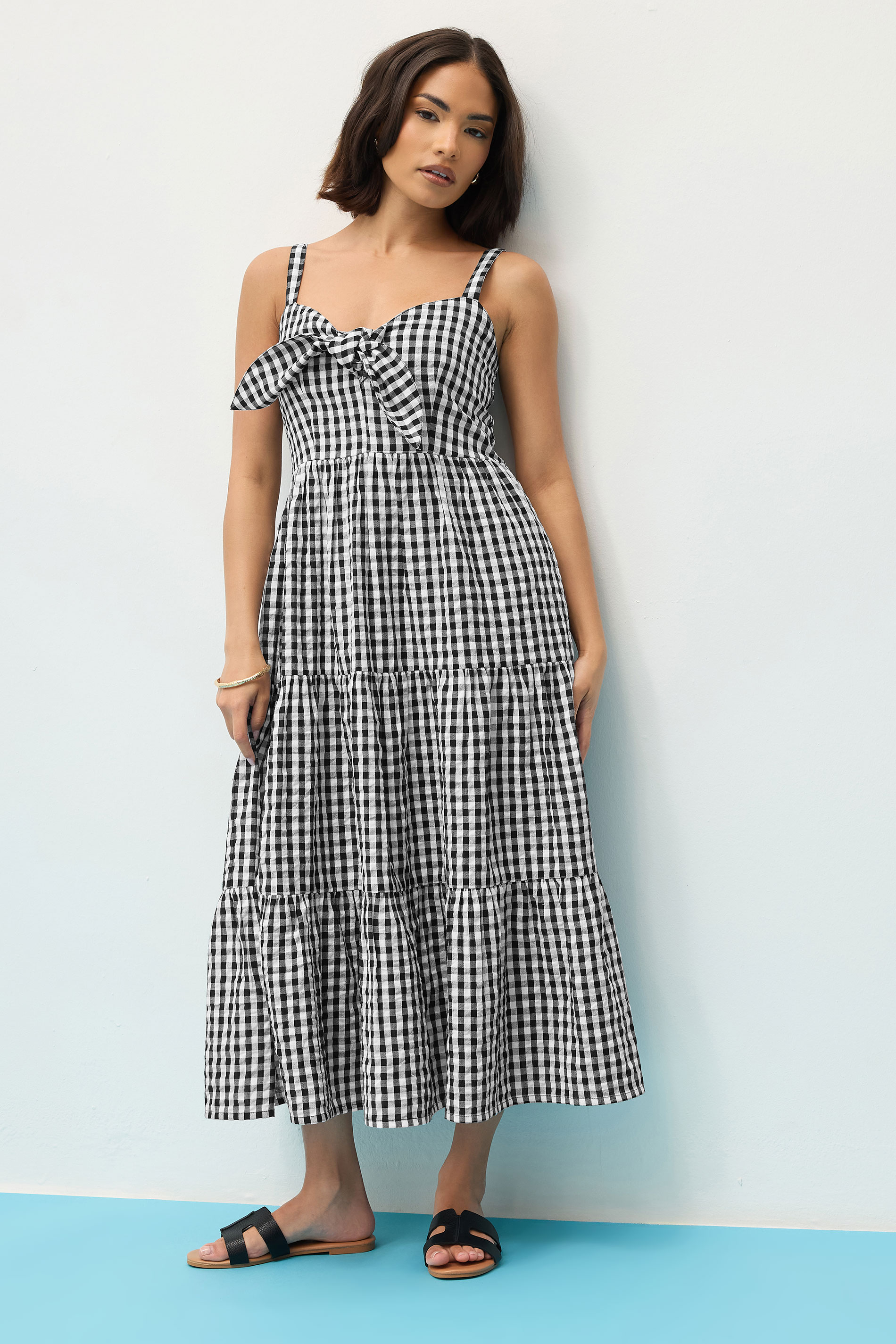 PixieGirl Petite Women's Black Gingham Tie Front Midaxi Dress | PixieGirl 1